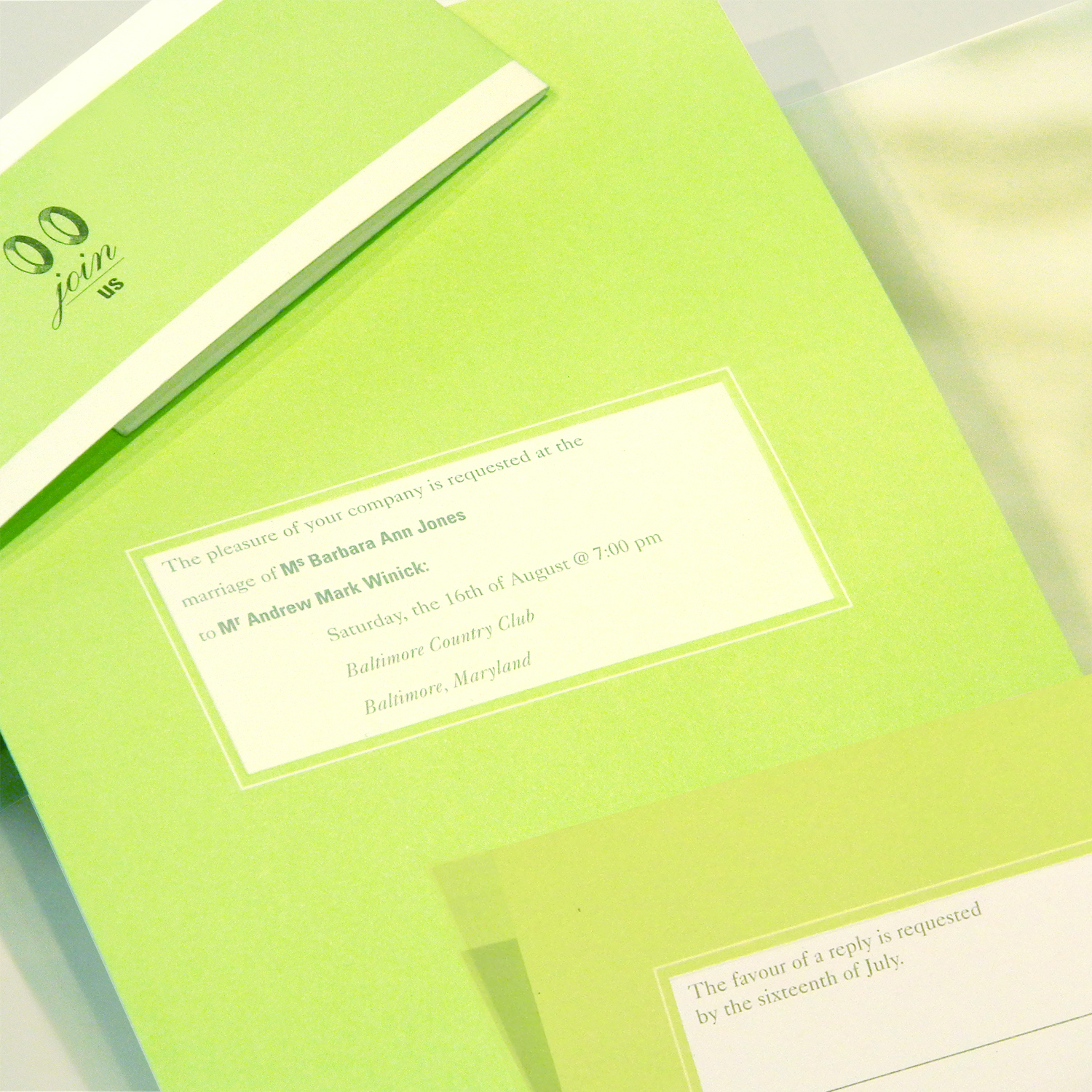 barbara and andrew winick wedding invitation, detail