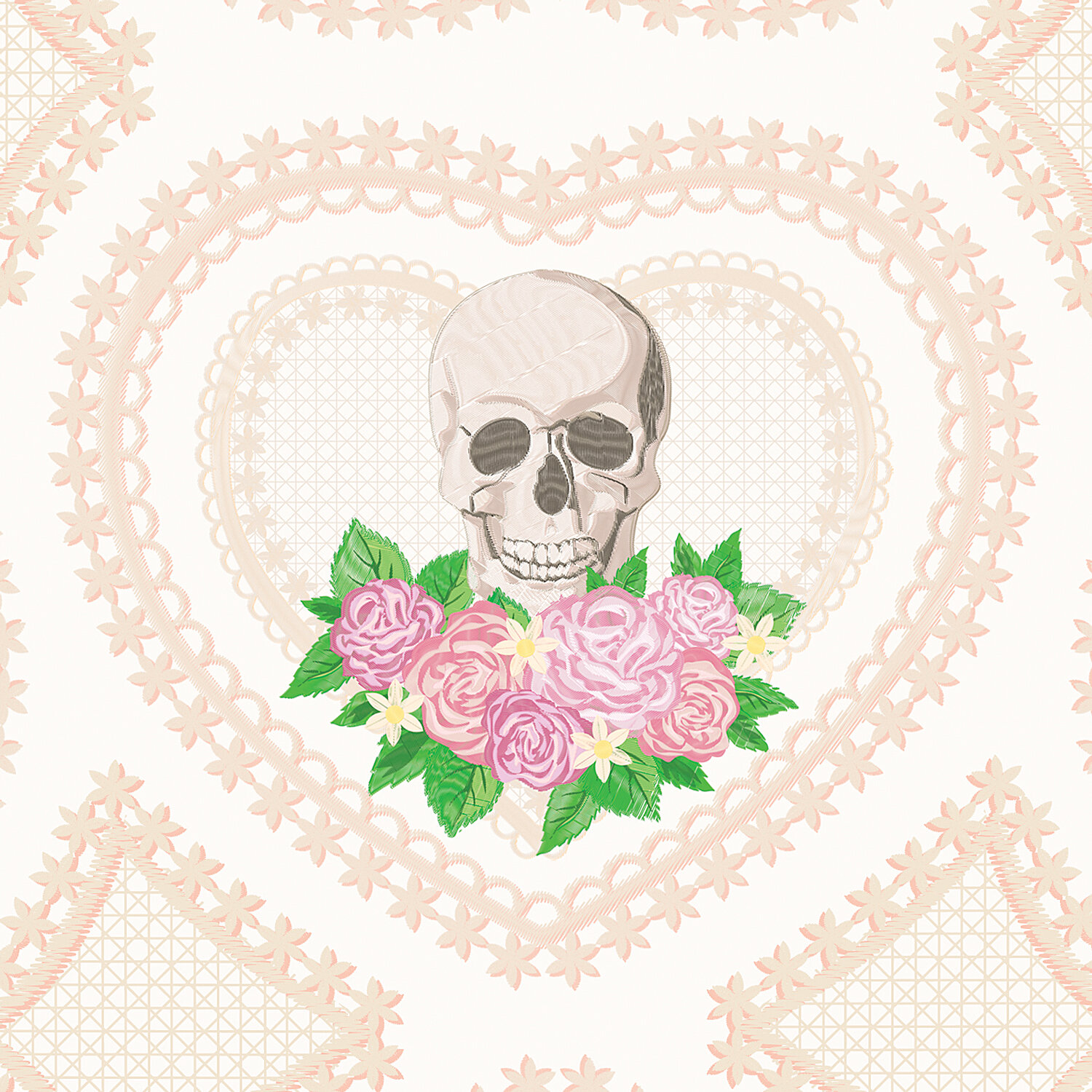 Embroidered Hearts &amp; Skulls, detail - Vinyl Wallpaper