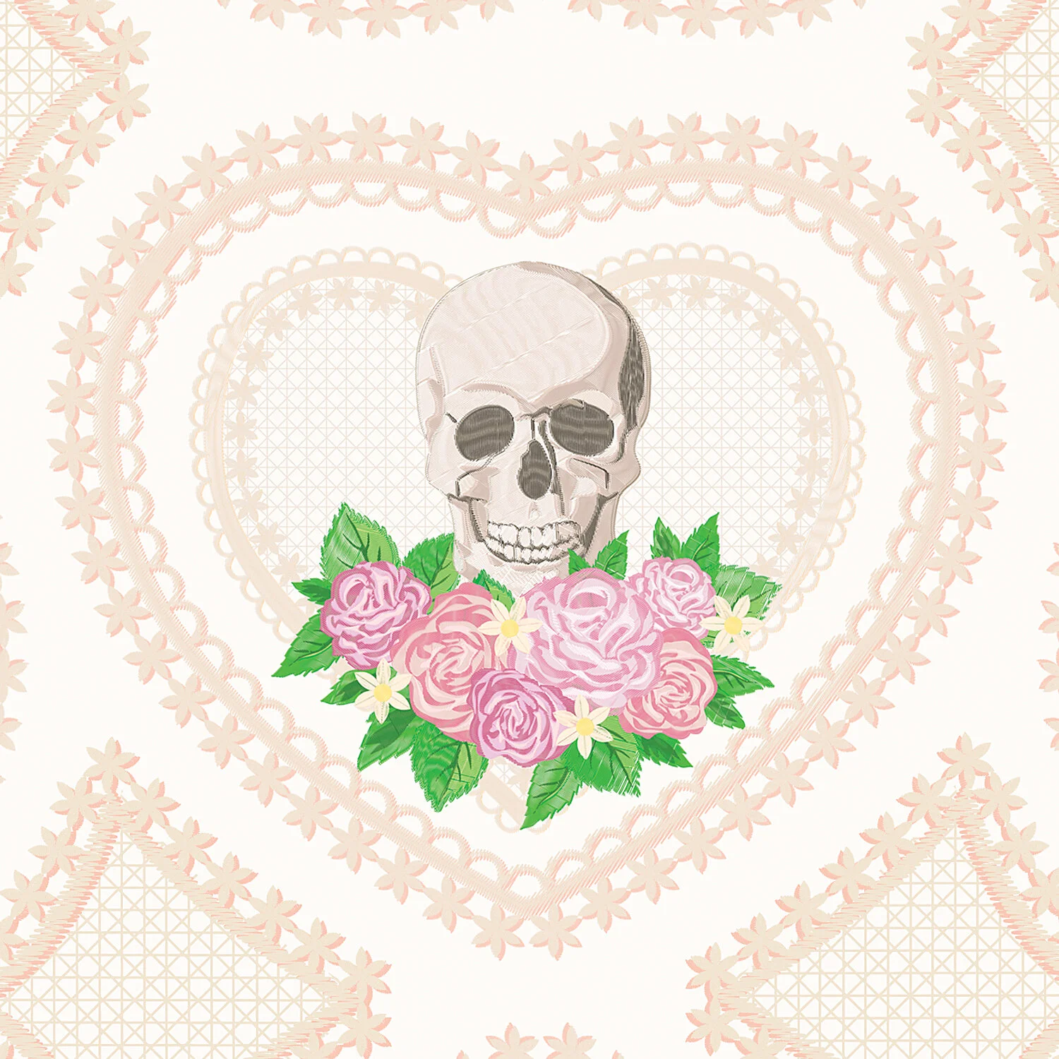  Embroidered Hearts &amp; Skulls, detail - Vinyl Wallpaper 