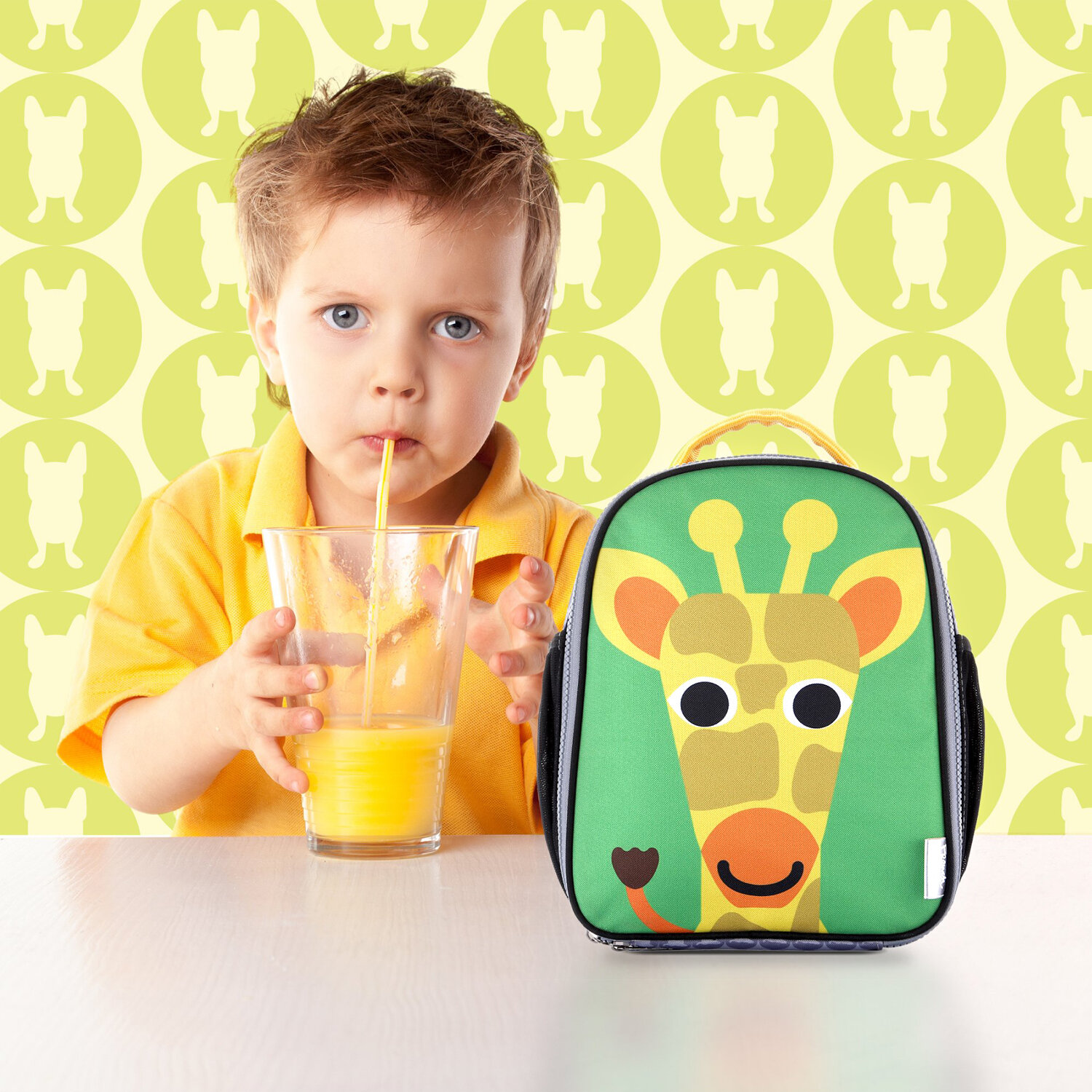  Composite image of French Bull kid’s lunch bag, pattern background and stock image using Photoshop and Illustrator 