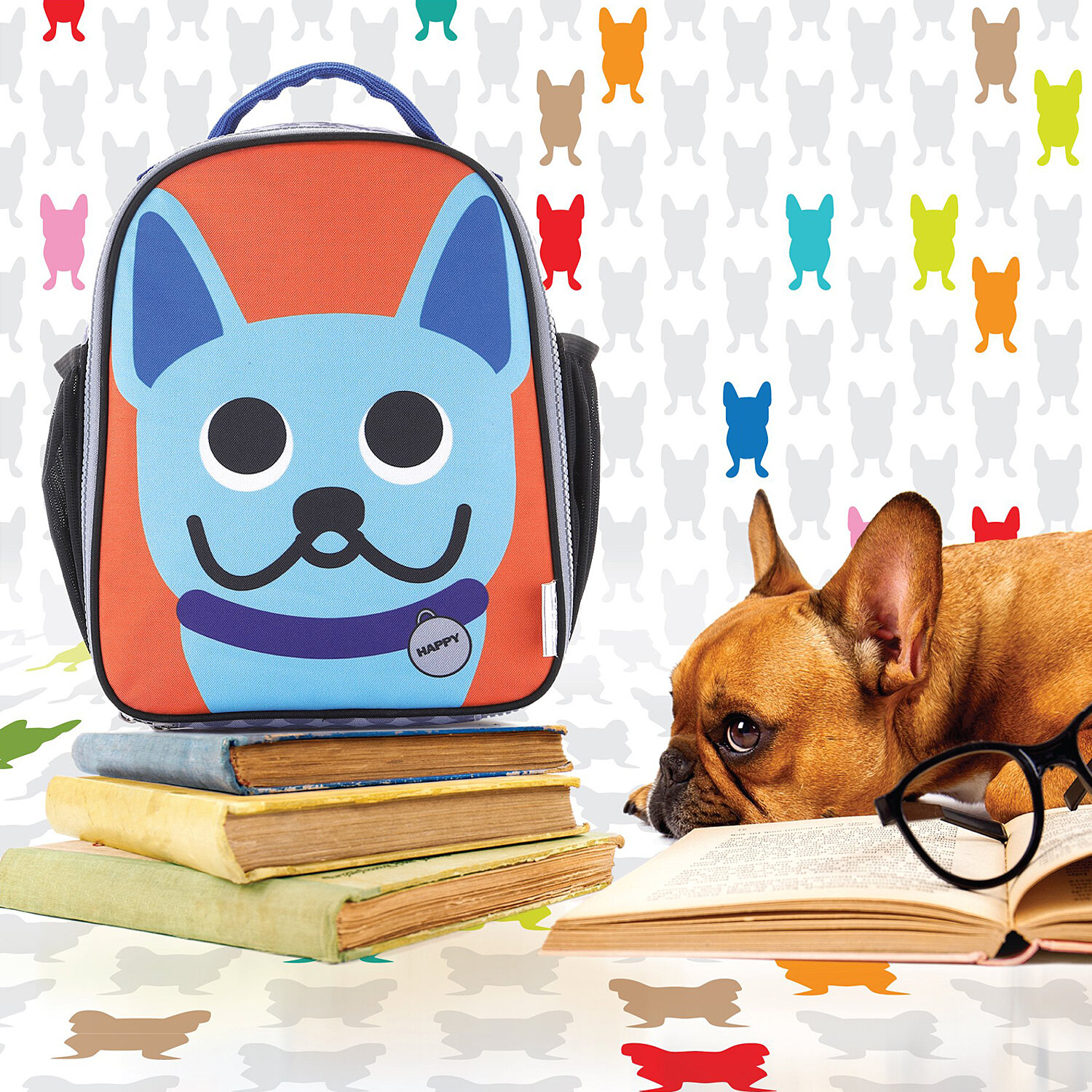  Composite image of French Bull kid’s lunch bag, pattern background and stock image using Photoshop and Illustrator 