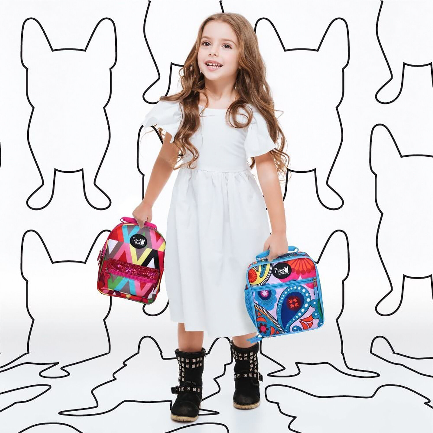  Composite image of French Bull kid’s lunch bags, pattern background and stock image using Photoshop and Illustrator 