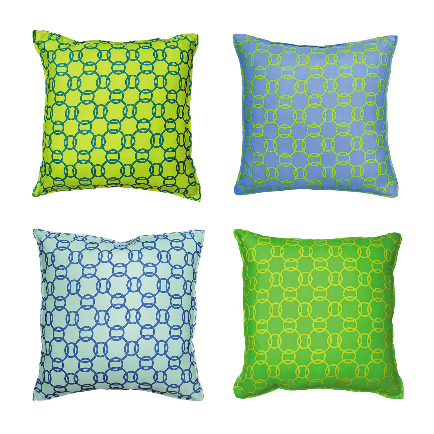 HOMENATURE RING PILLOW LINE - 22" silk &amp; wool twill pillows, front &amp; back views, chartreuse/periwinkle &amp; aqua/parakeet 