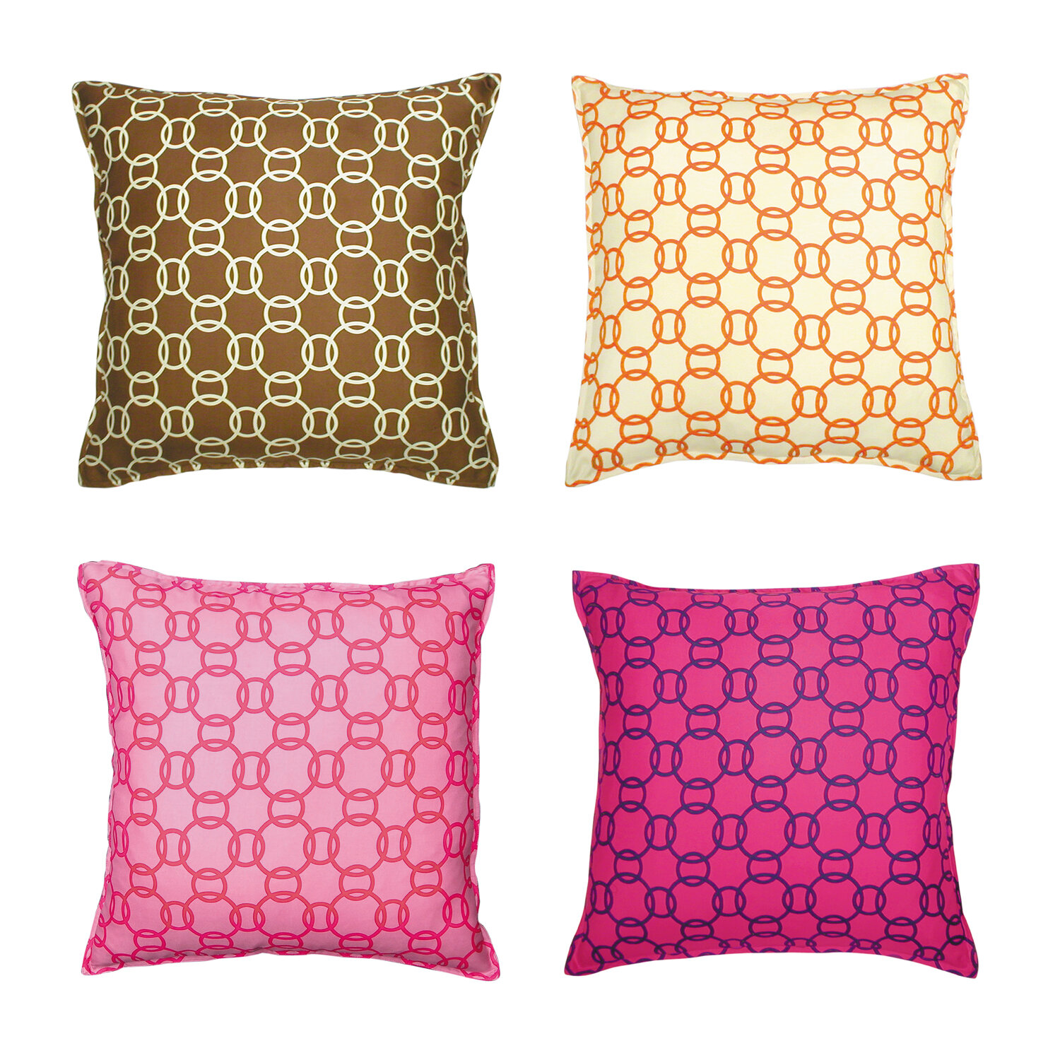  HOMENATURE RING PILLOW LINE - 22" silk &amp; wool twill pillows, front &amp; back views, brown/orange &amp; pink/hot pink 