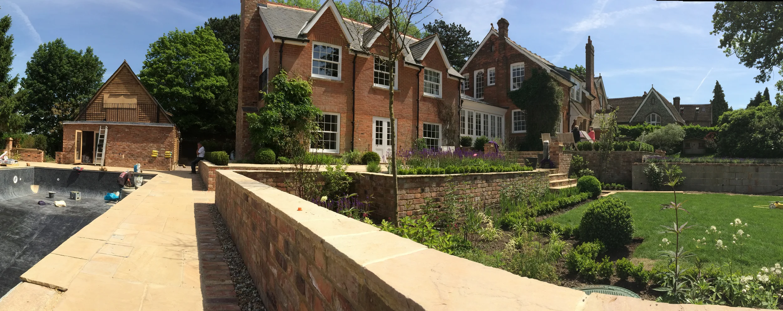 Terracing from orangery down towards swimming pool.