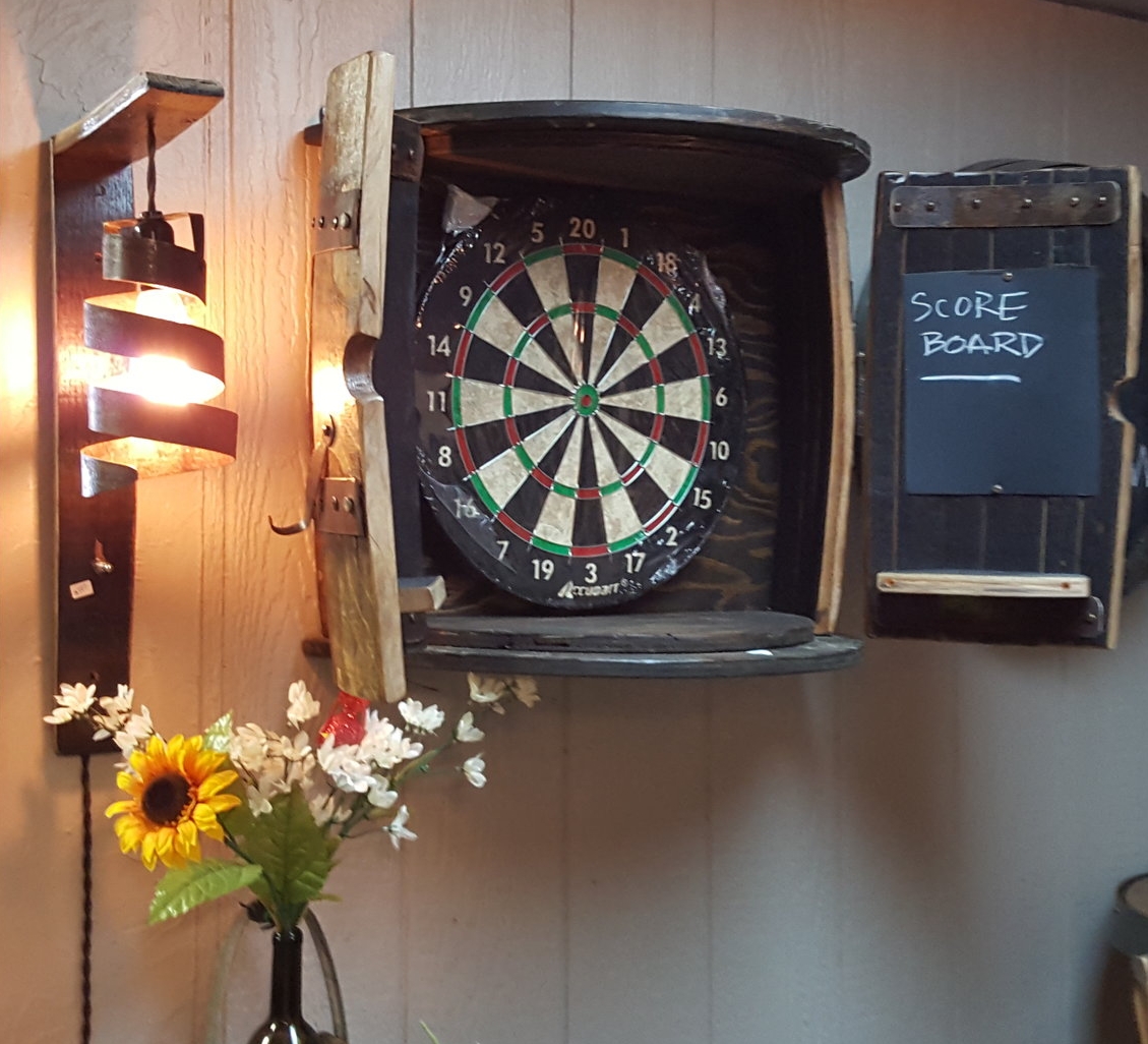 This Wine Barrel Dartboard Cabinet Was Made From a Repurposed Napa Valley  Wine Barrel