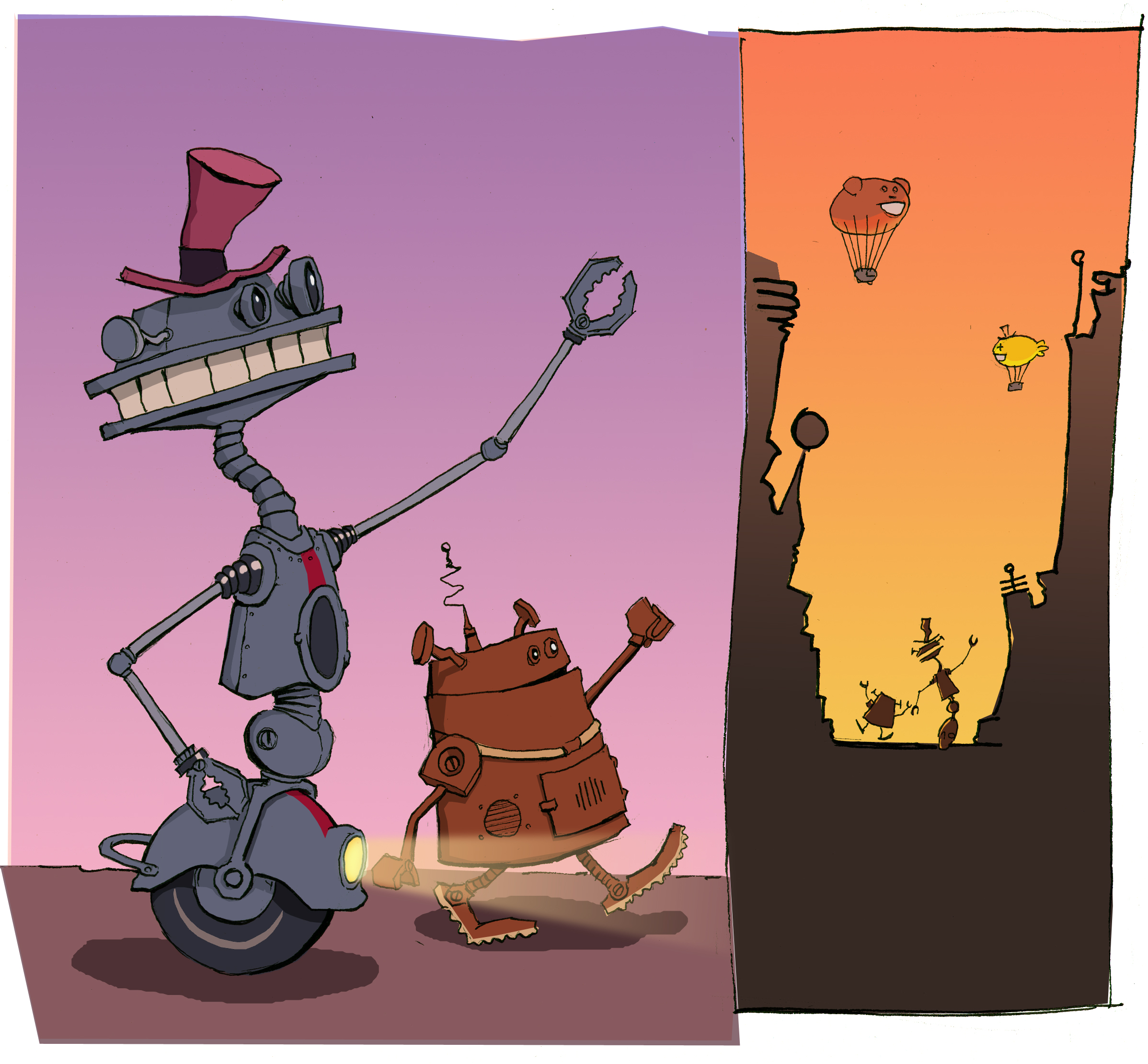 Robots at sunset.