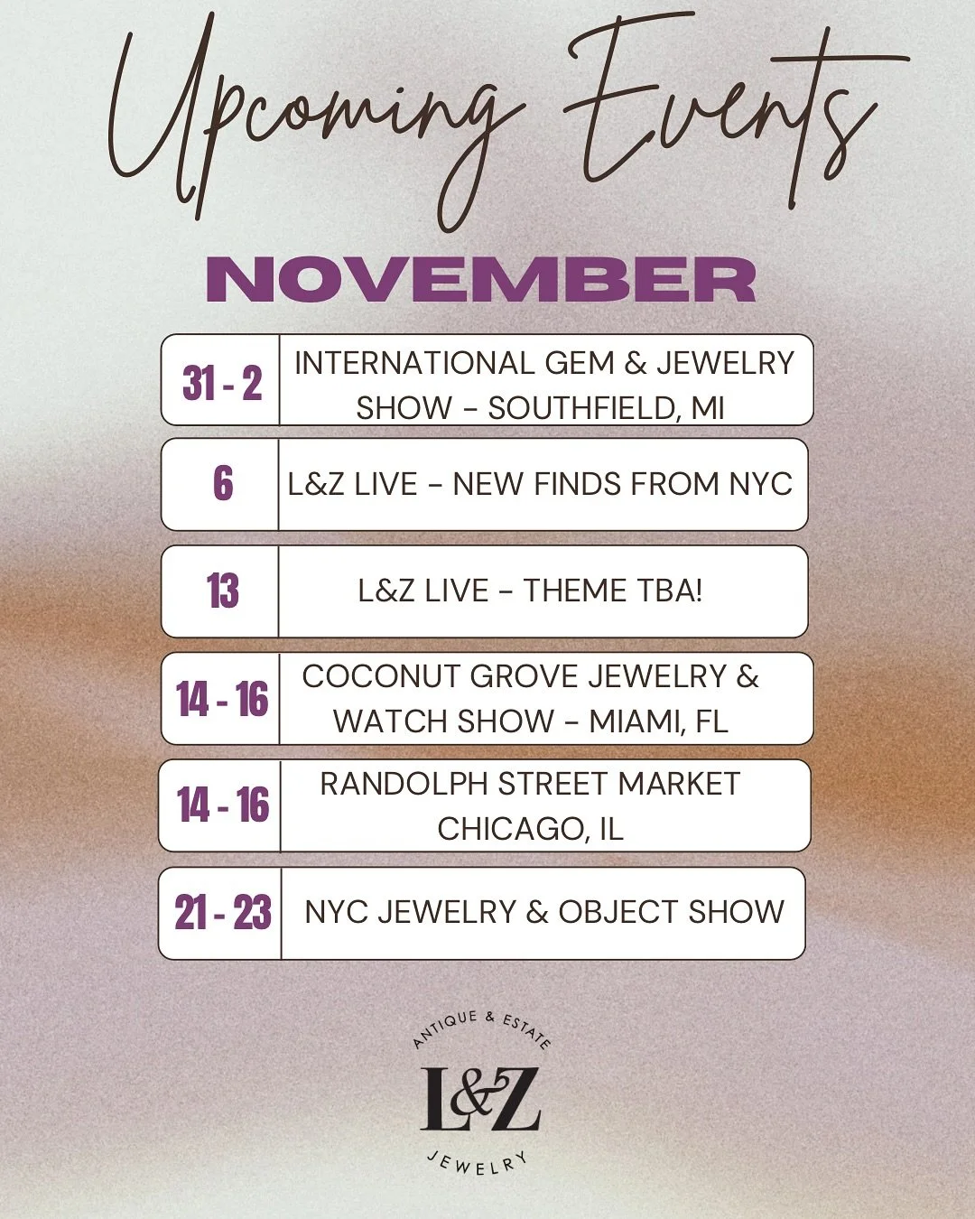 November is gonna be a busy one folks! Where will we be seeing you next &amp; what show are YOU most excited for? (No wrong answers!) @intergem @usantiqueshows @coconutgrovemiami @thehangarmiami @randolphmarket @nycjewelryantiqueandobjectshow