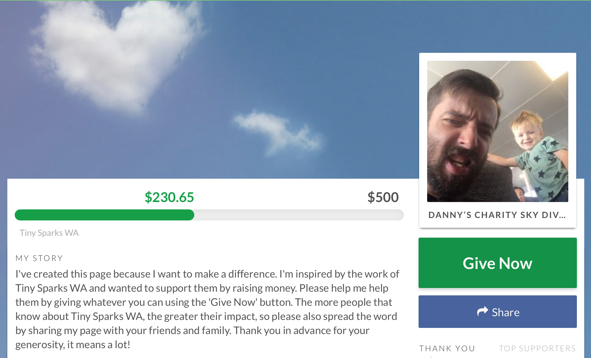 This is Danny. Danny is jumping out of a plane to raise funds for ‘tiny sparks wa’!