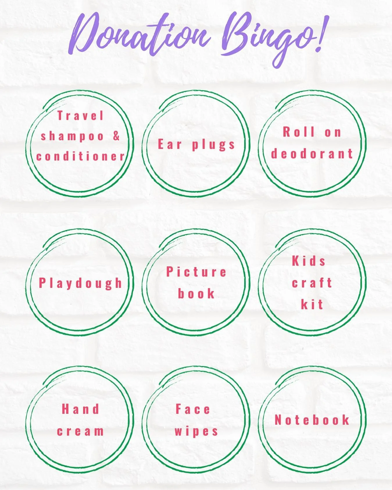 December Donation Bingo!
If your home or workplace is looking to make a difference throughout the holiday season consider completing a donation bingo.  Shop a row, column or complete the grid and donate the items to help more WA families in need. You can drop off or mail in your donation.  If you can&rsquo;t pop out to shop you can sponsor a care package through our website.  Every item makes a difference 💜