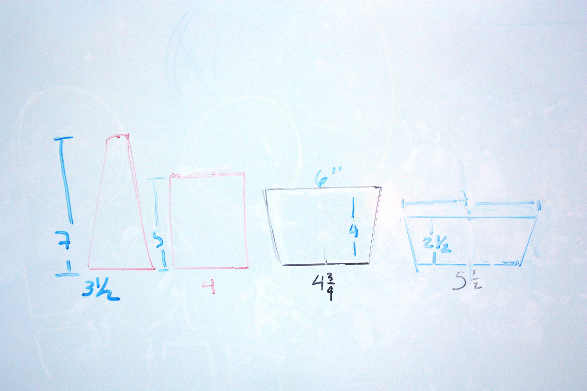   The morning of glassblowing, we finalized dimensions for the four pieces on the BAGI whiteboard. These are all rough approximations; I learned that glass is a fickle material, and controlling it is more an art than a science.  