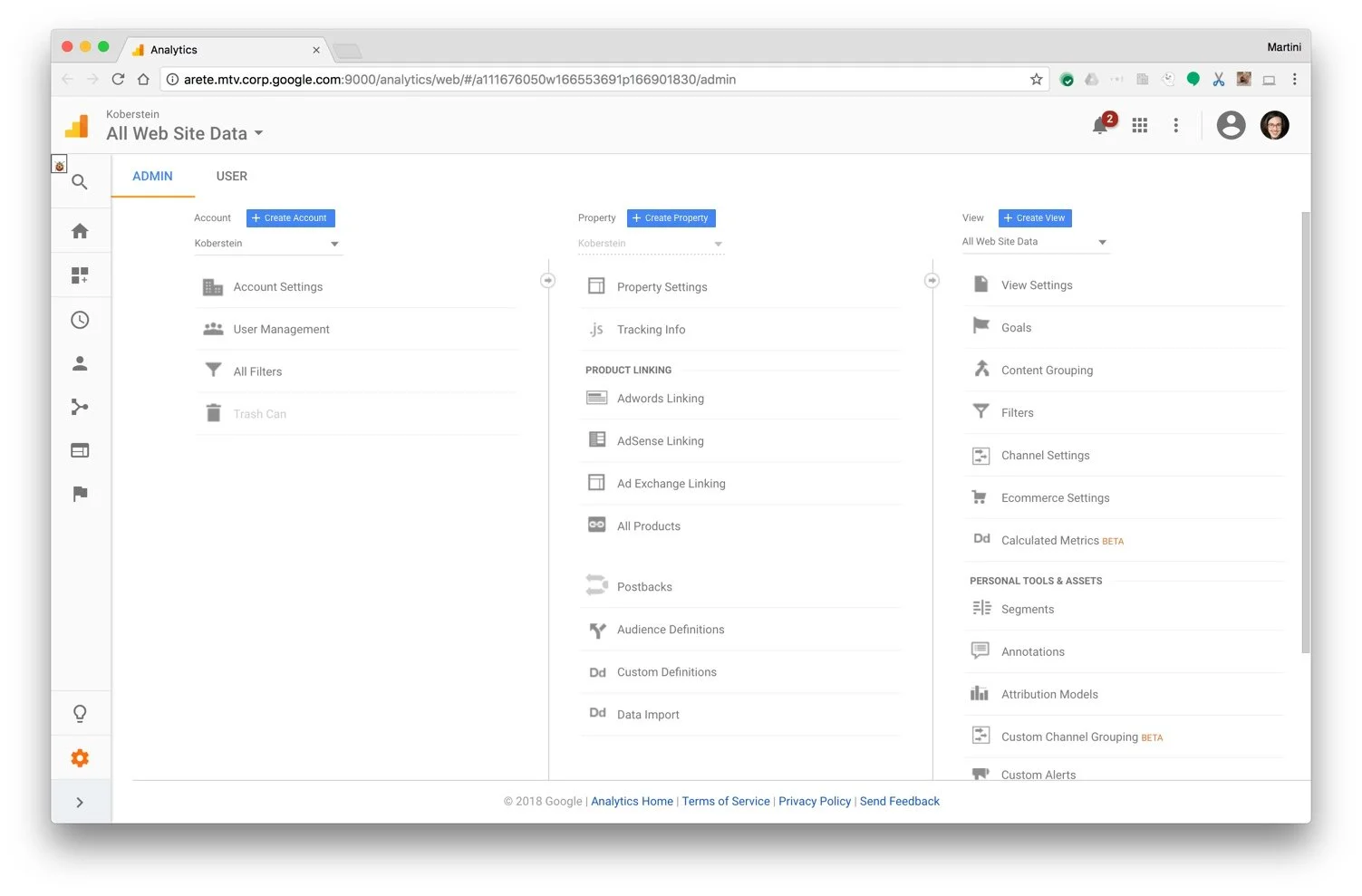 The original Google Analytics Admin featured 3 columns of features.