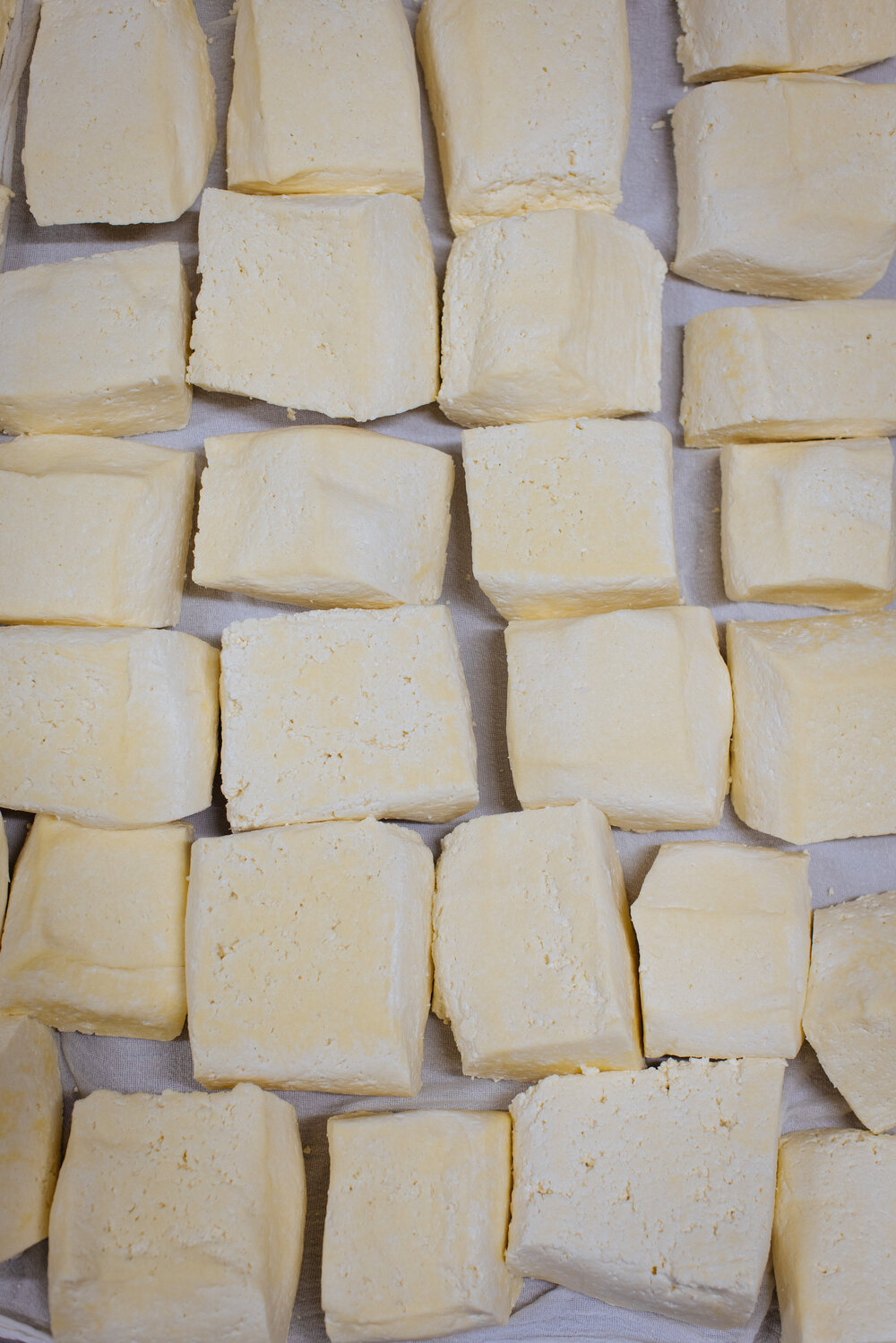 Laying the curds blocks on muslin