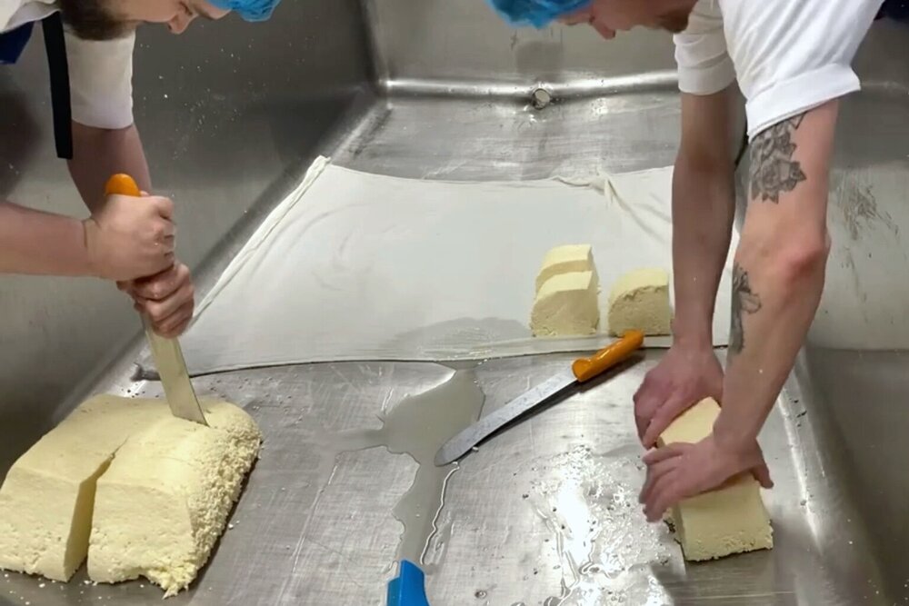 Cutting the curds into blocks