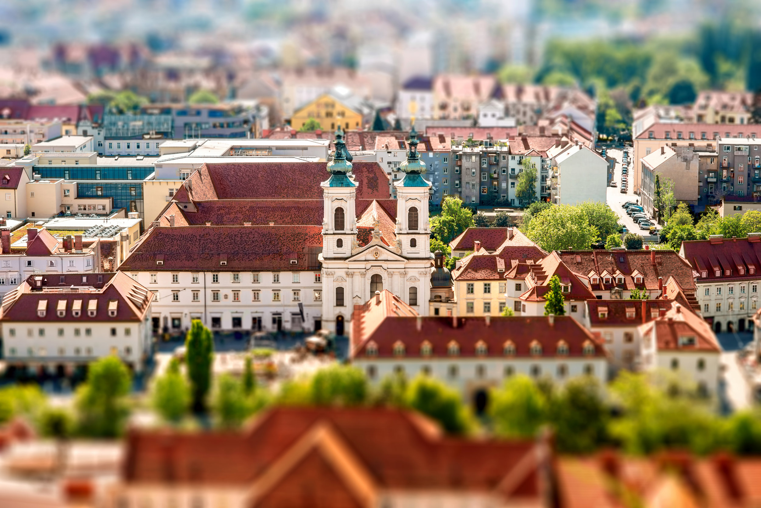 Aerial view on Graz city in Austria. Tilt-shift image technic