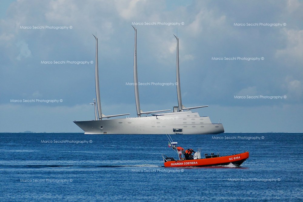 The Sailing Yacht A, is seen in front of Trieste It is a sail-assisted motor yacht designed by Philippe Starck and built by Nobiskrug in Kiel, Germany, was launched in 2015. Originally owned by Russian billionaire Andrey Melnichenko, the vessel was s