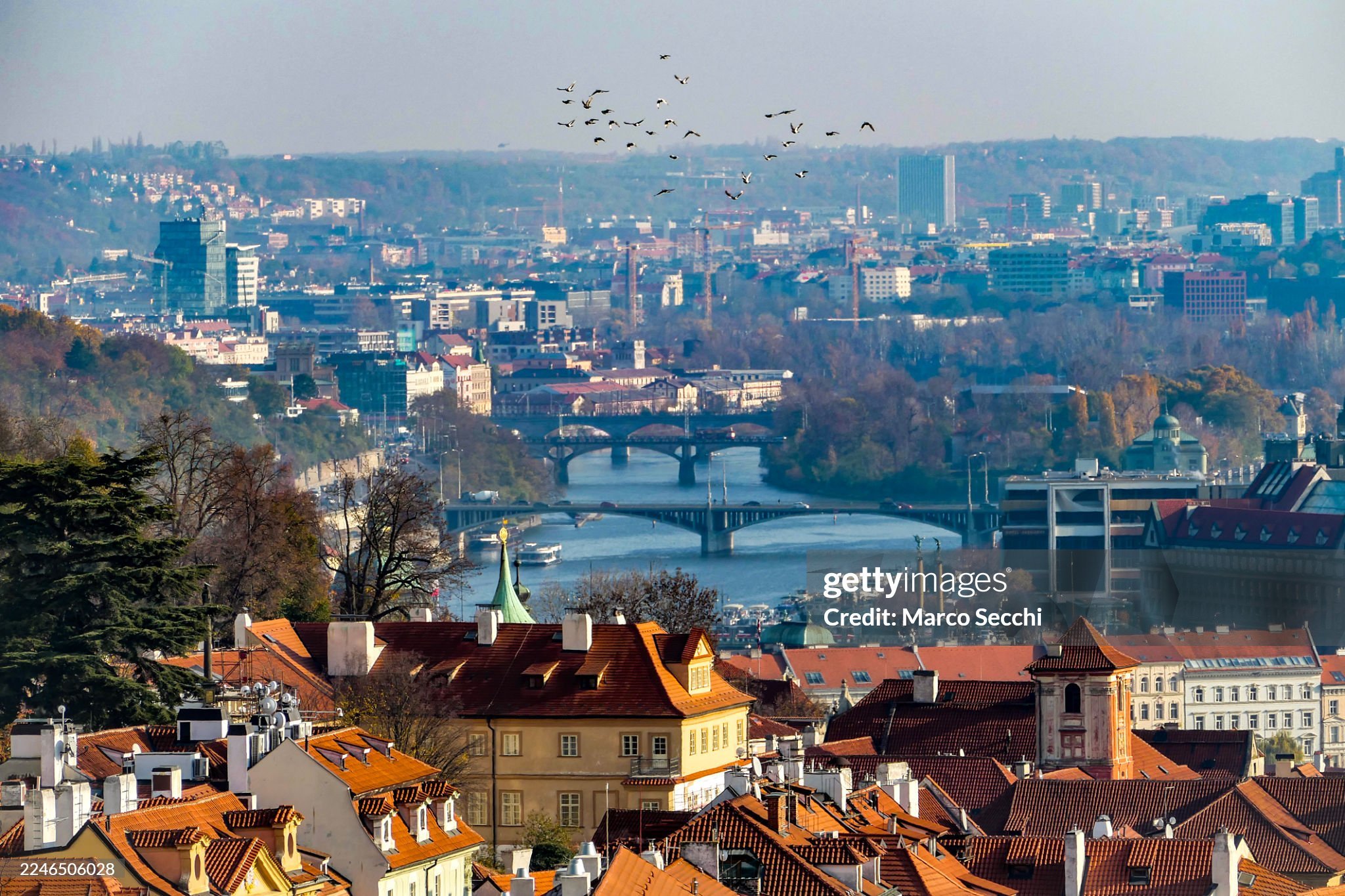 Prague unfolding in layers: terracotta roofs in the foreground, the Vltava carrying the eye through the city, bridges marking the distance, and a sudden flight of birds bringing movement to the open sky.

This is what I enjoy about photographing a ci