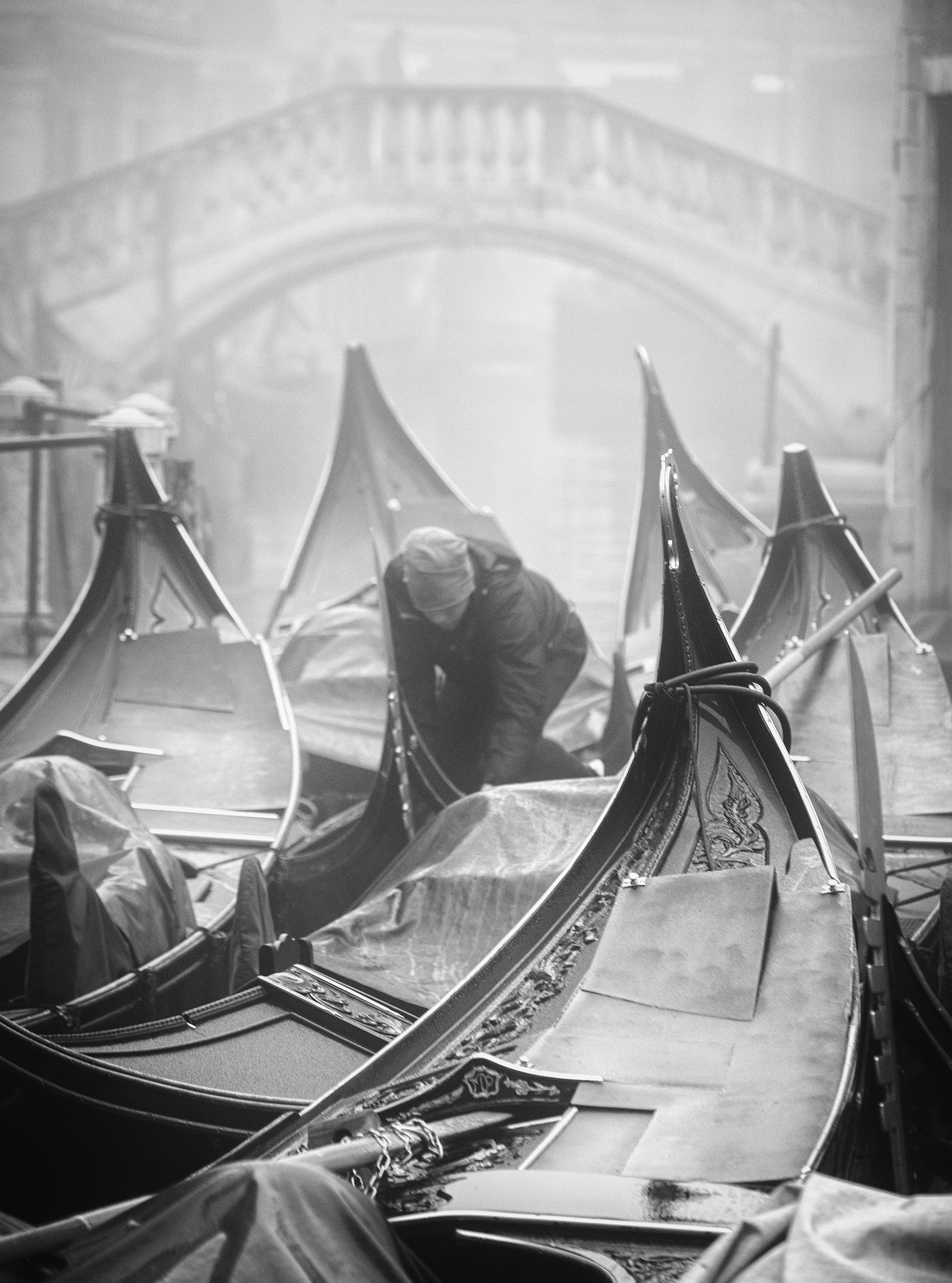 Early morning in Venice, with light catching the edges of the gondolas and the bridge fading into the mist. 
Among the overlapping curves, someone is already at work. 

I like how that small human presence holds its own in the frame, surrounded by al