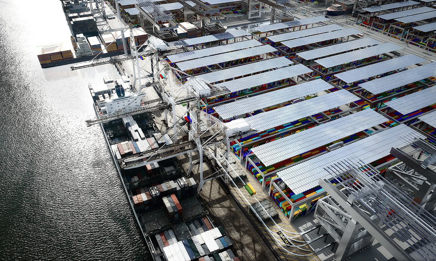  bird eye's view      + Location:  Singapor  + Phase:  competition  + Area:  20.250.000 TEU/year  + Program:  container port  + Client:  Singapore Maritime Institute  + Architects:  I. Bouaita, T. Kubota  + Ingeneer:    J. Aguilar, J. Alberto  , Univ