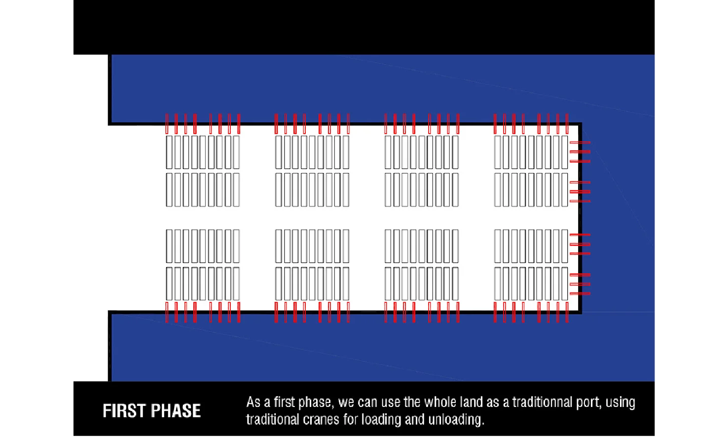  diagram: phase 1      + Location:  Singapor  + Phase:  competition  + Area:  20.250.000 TEU/year  + Program:  container port  + Client:  Singapore Maritime Institute  + Architects:  I. Bouaita, T. Kubota  + Ingeneer:    J. Aguilar, J. Alberto  , Uni