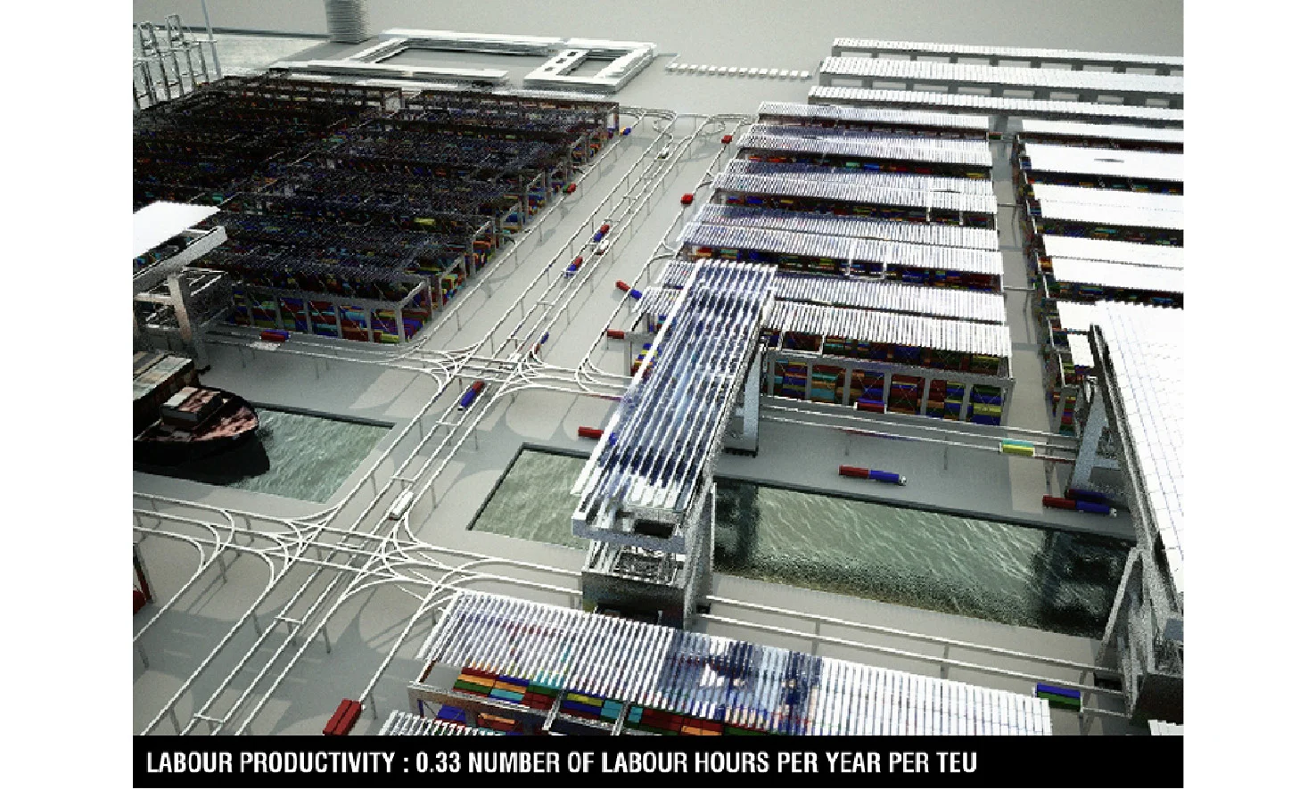  diagram: labor productivity 0.33 labour hours/year per TEU      + Location:  Singapor  + Phase:  competition  + Area:  20.250.000 TEU/year  + Program:  container port  + Client:  Singapore Maritime Institute  + Architects:  I. Bouaita, T. Kubota  + 