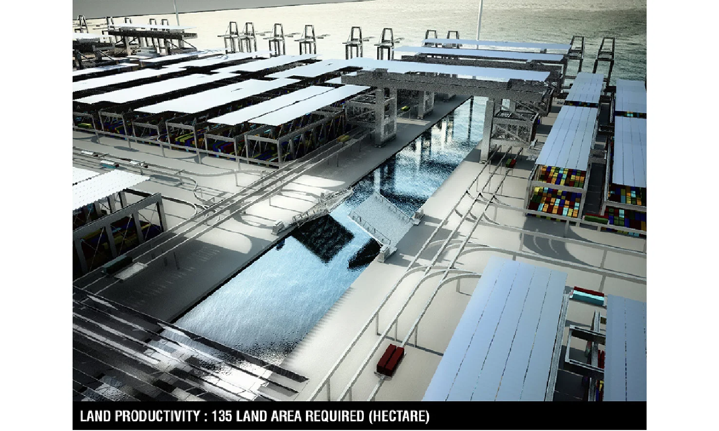  diagram: land productivity 135 hectare      + Location:  Singapor  + Phase:  competition  + Area:  20.250.000 TEU/year  + Program:  container port  + Client:  Singapore Maritime Institute  + Architects:  I. Bouaita, T. Kubota  + Ingeneer:    J. Agui