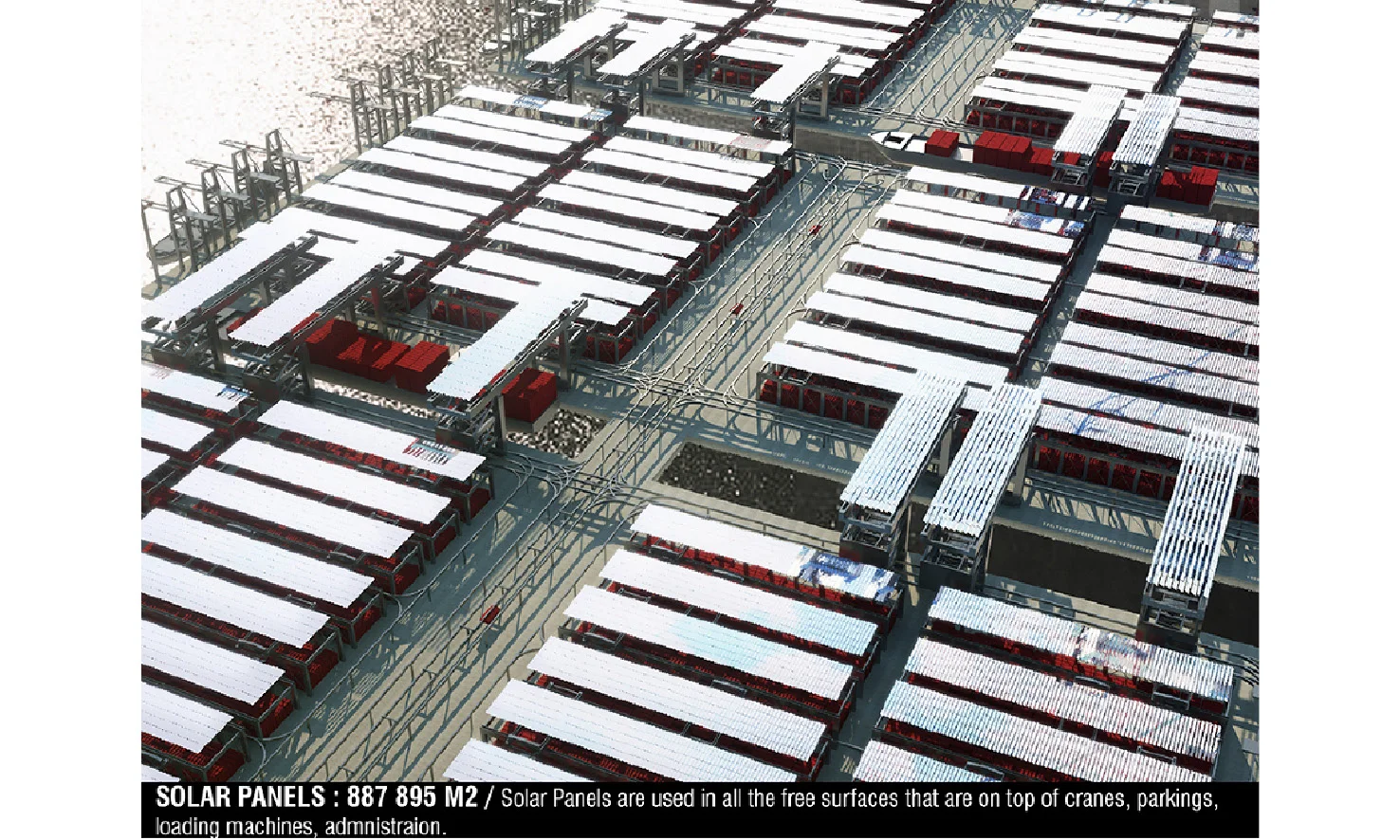  diagram: solar panels area - 887.958m²      + Location:  Singapor  + Phase:  competition  + Area:  20.250.000 TEU/year  + Program:  container port  + Client:  Singapore Maritime Institute  + Architects:  I. Bouaita, T. Kubota  + Ingeneer:    J. Agui