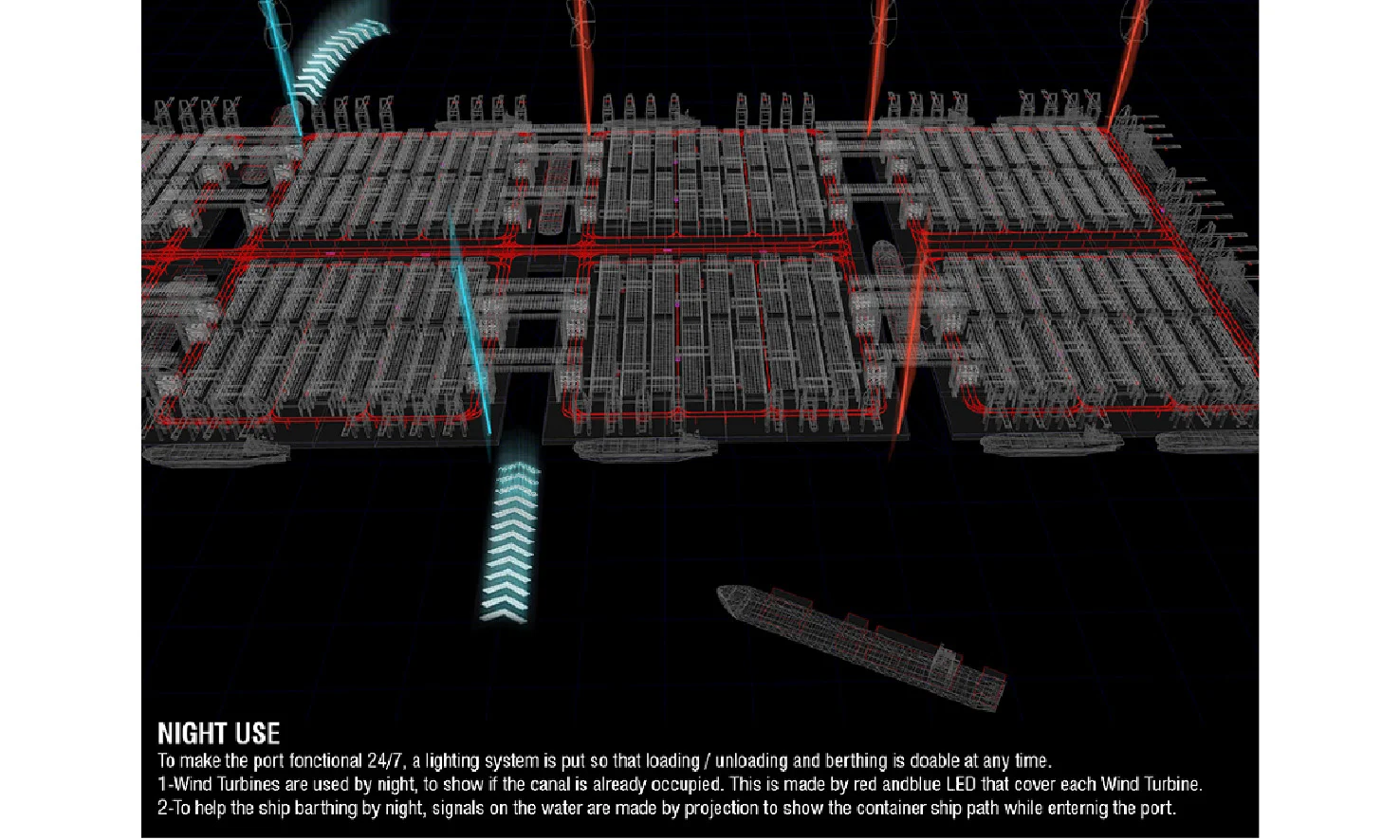  diagram: night use      + Location:  Singapor  + Phase:  competition  + Area:  20.250.000 TEU/year  + Program:  container port  + Client:  Singapore Maritime Institute  + Architects:  I. Bouaita, T. Kubota  + Ingeneer:    J. Aguilar, J. Alberto  , U