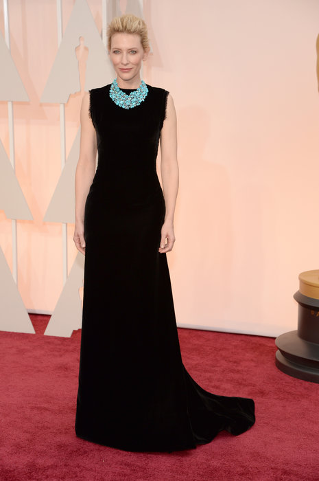 Some might call Cate Blanchett's dress boring, but those of you who know me know that I love an all-black look with a pop of color. The dress is so simple, the cut works on her, and the pop of turquoise is the perfect addition. While she could have gone a little more glam, I don't discount her simplicity. 