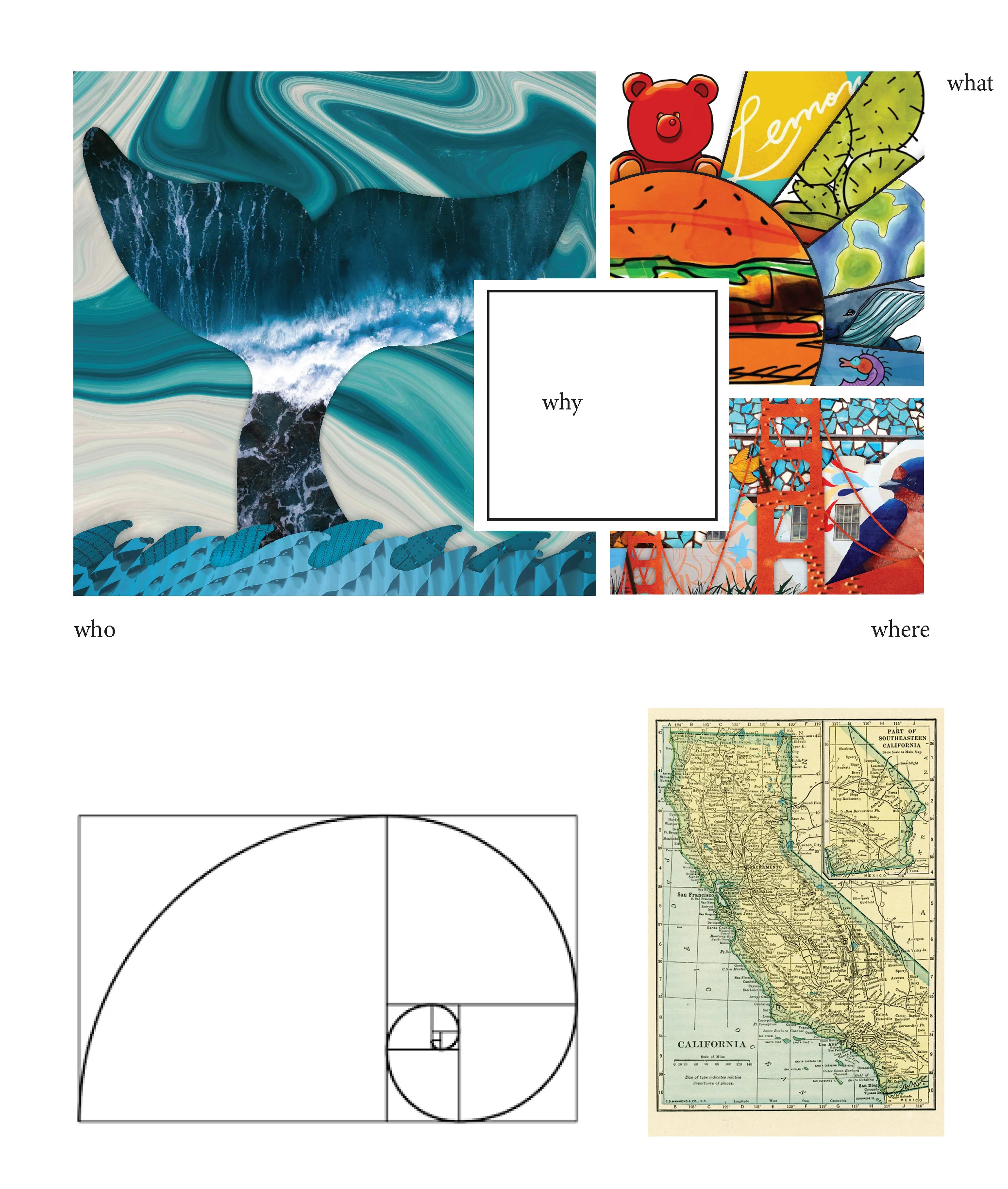 I wanted to include a quadtriptych that played off of Fibonacci. Also, I love to layer and find it an important part of my process to add in as much as I can so I can begin to strip away what works. It also helps me to play, check myself, and experiment. What you see are things that make up other things. I also wanted to include illustration as I’ve begun to lean on that skill more heavily in my design work in the last few years with more practice and confidence. It’s messy and clunky. Too much going on here. Abandon ship….er, I mean, try some other things…