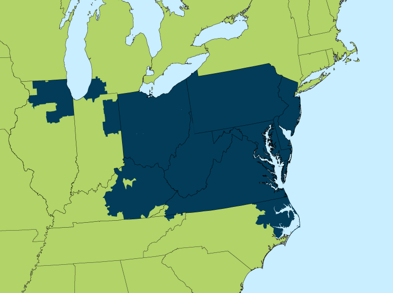 PJM Interconnection coordinates the movement of electricity through all or parts of Delaware, Illinois, Indiana, Kentucky, Maryland, Michigan, New Jersey, North Carolina, Ohio, Pennsylvania, Tennessee, Virginia, West Virginia and the District of Columbia.