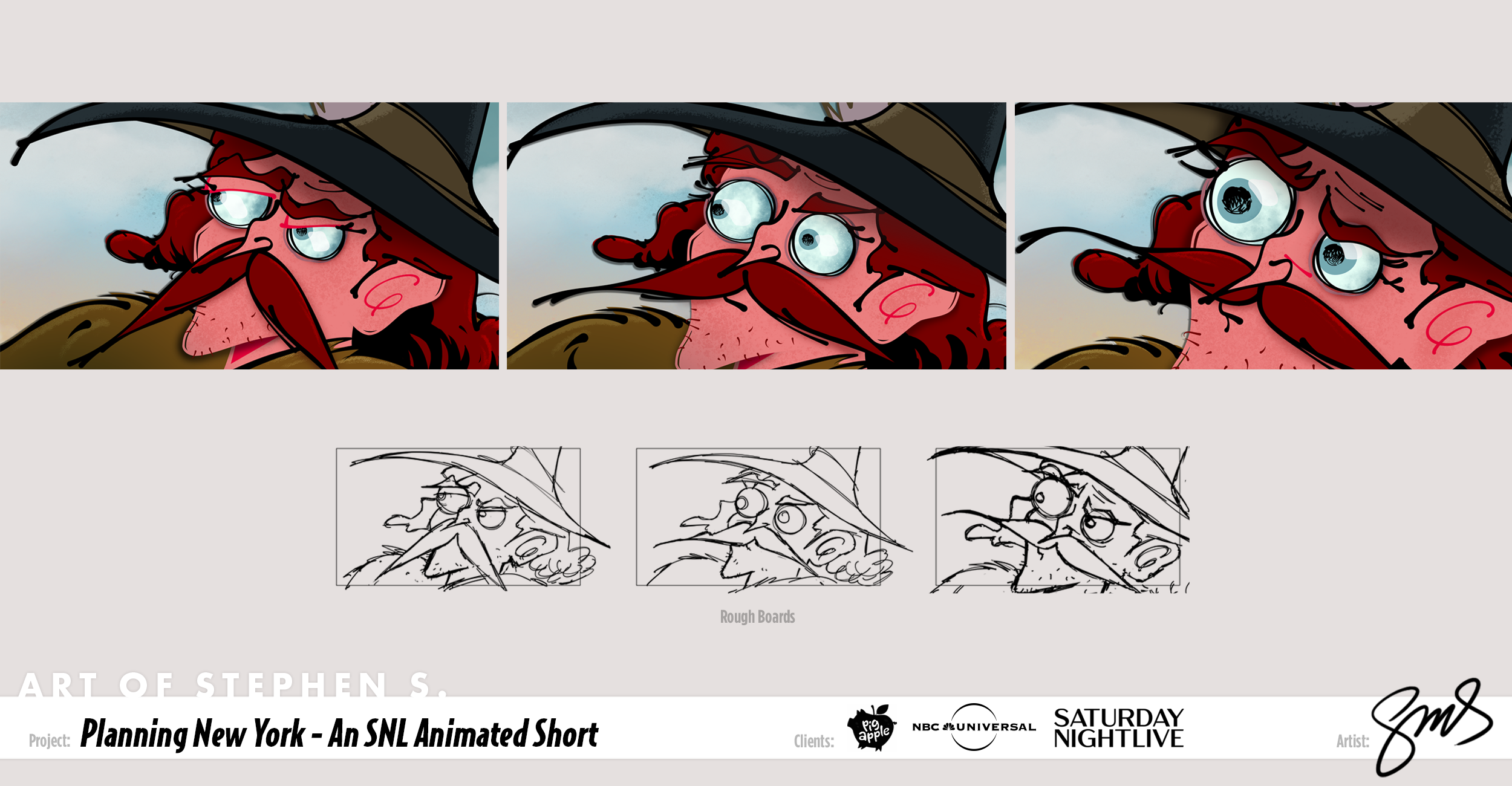 Model sheet containing 3 separate concept drawings of Engel - an explorer who is discovering America for the first time. The drawings slowly get closer to the man's face. Below the color drawings are 3 sketch versions of the same images. These were u