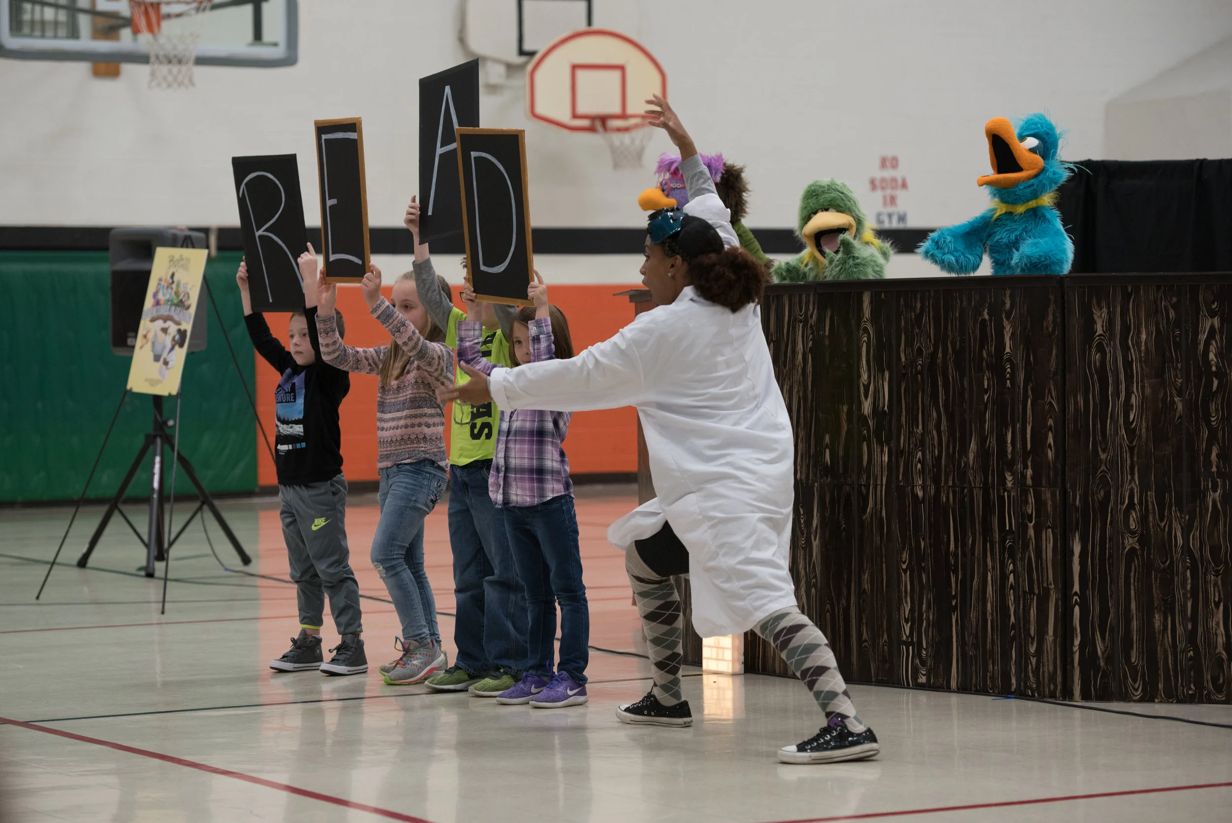 The birds on tour in Illinois with the literacy-based show "Adventures in Reading".