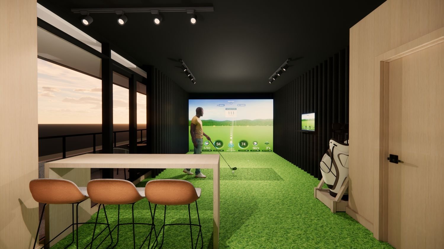 Condo Golf Simulator with Green Turf and Sunset by Studio 8 Design