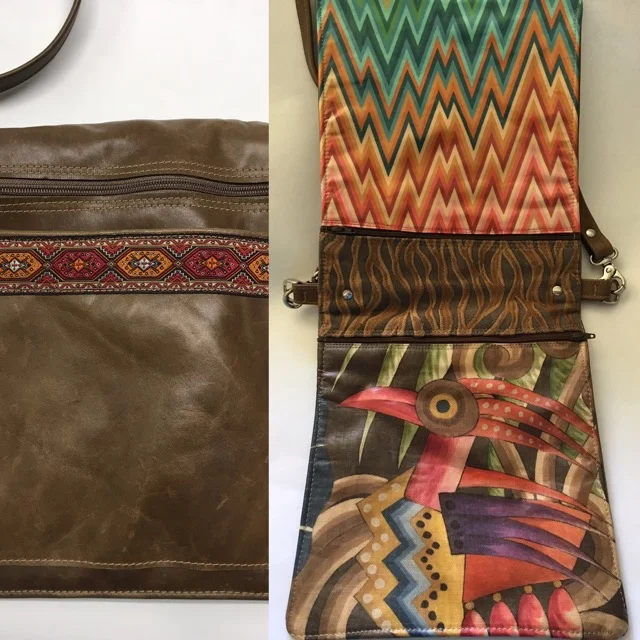 Textured Rust leather with Cowboy barkcloth fabric