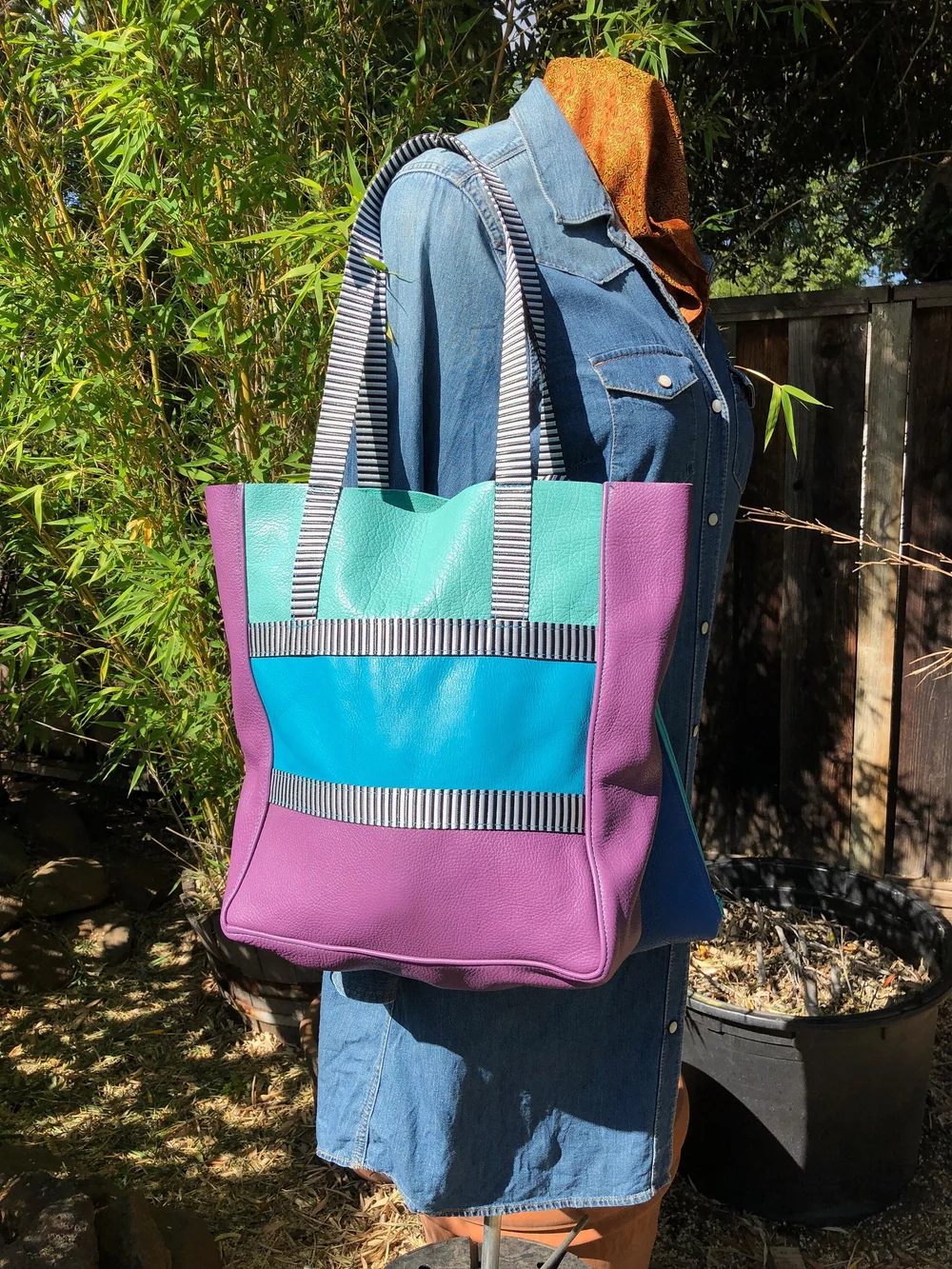 Large Color blocked Leather tote bag Purple Blue Turquoise with
