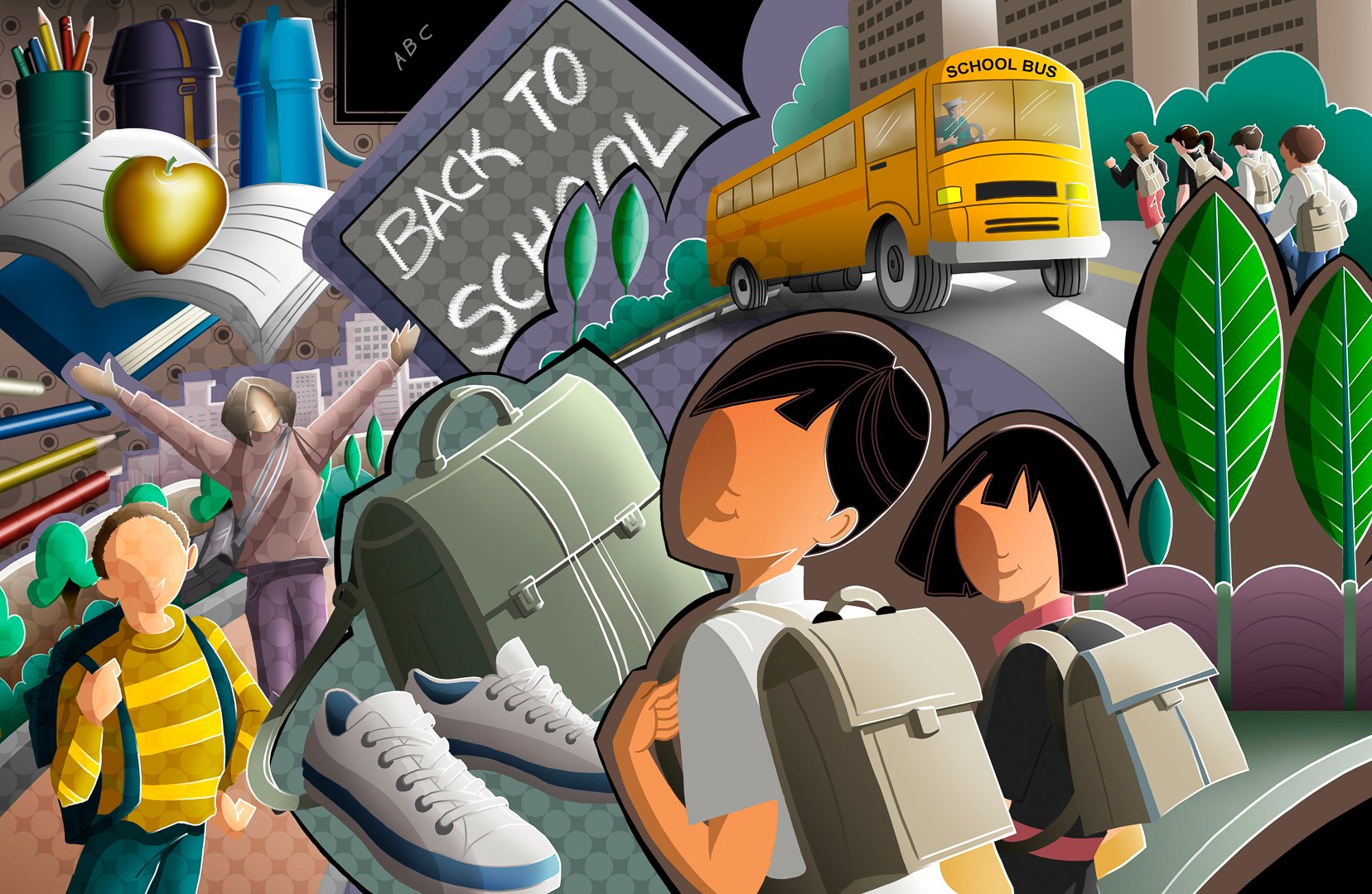 Illustration of children going back to school.