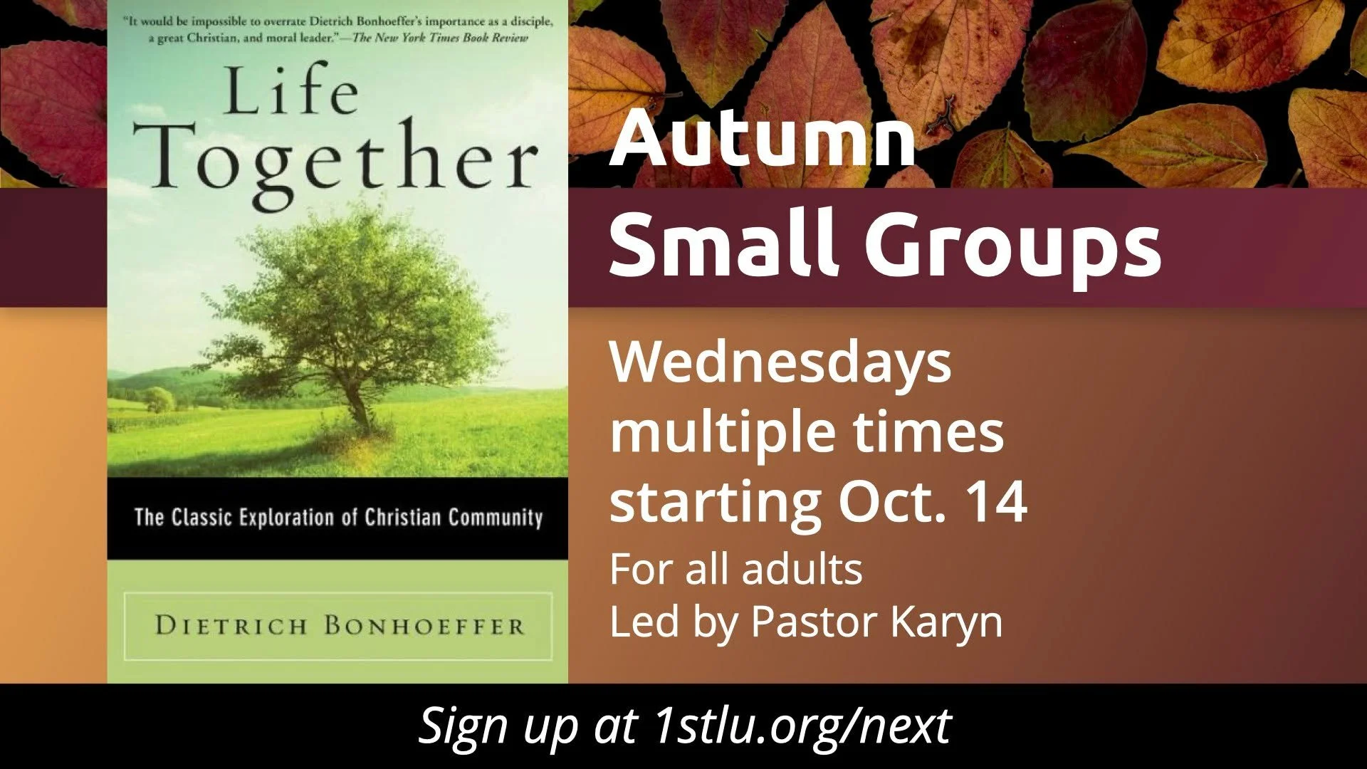 Autumn small groups start up TODAY, with several options of times to choose from! Studying the benefit of Christian community in one's life, by reading Life Together by Dietrich Bonhoeffer. Sign up TODAY at 1stlu dot org/next
