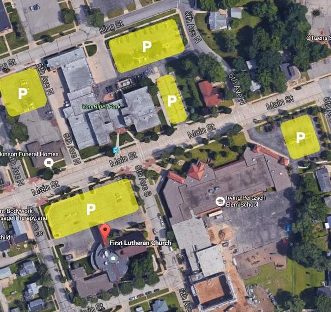A satellite overview, showing parking lots that are available near First Lutheran.