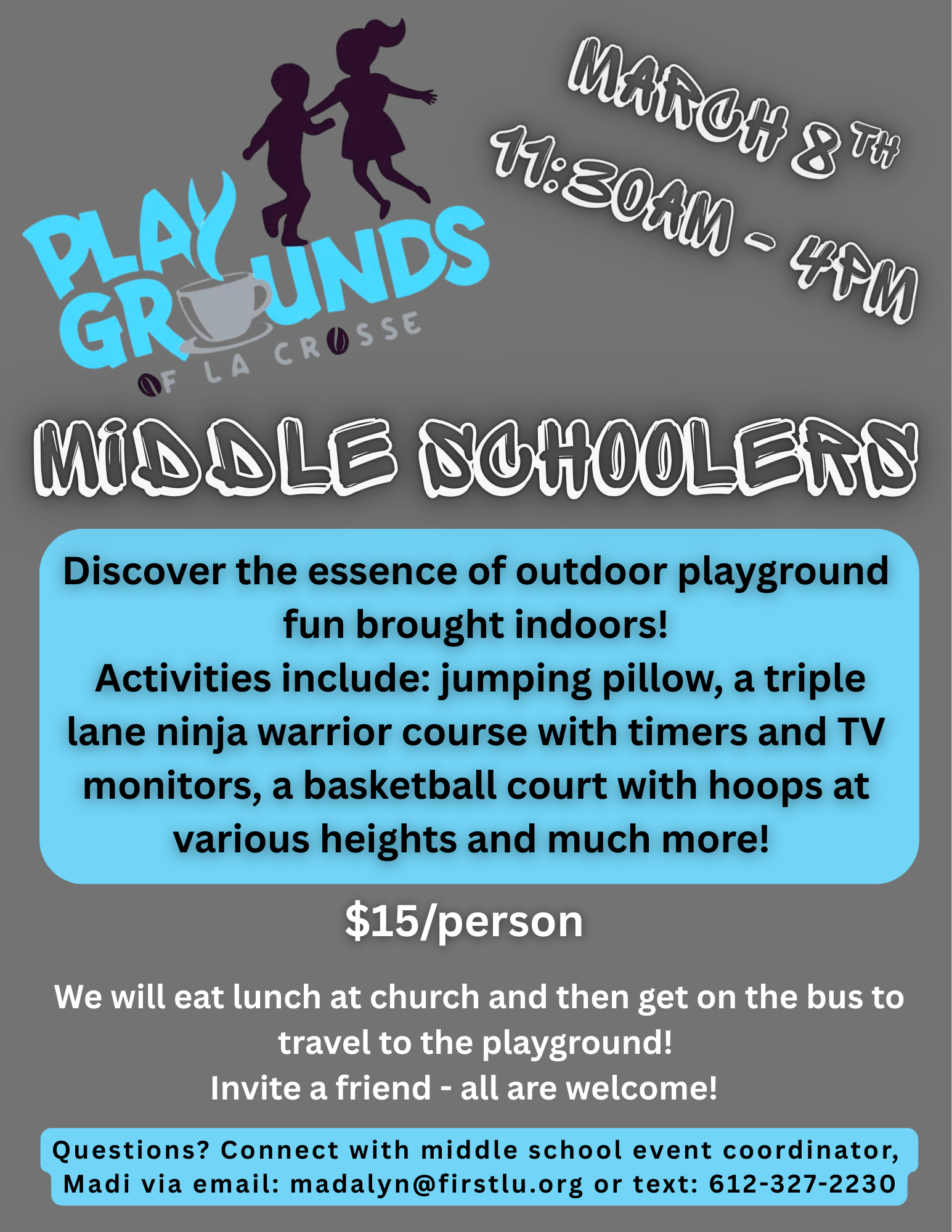 A flyer advertising details for the middle school playgrounds event.