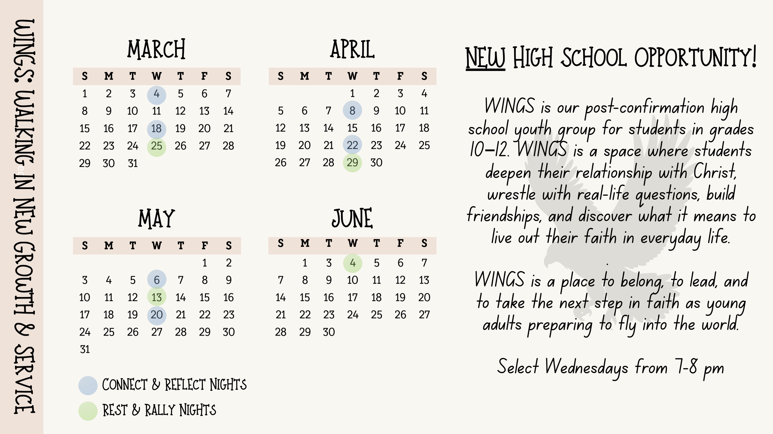 Graphic showing the schedule with the WINGS high school group will meet. Links to a PDF of the same schedule.
