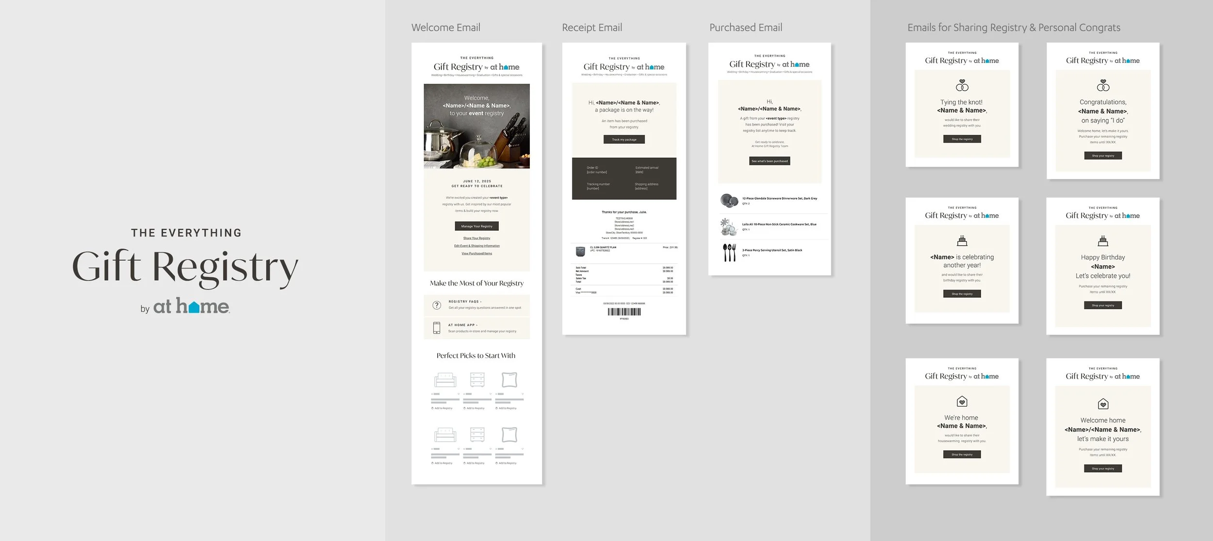 I had the opportunity to design At Home’s first-ever Gift Registry campaign, which included launch and transactional emails, as well as rich content landing pages for the website. I approached the project with a clean and easy design aesthetic geare