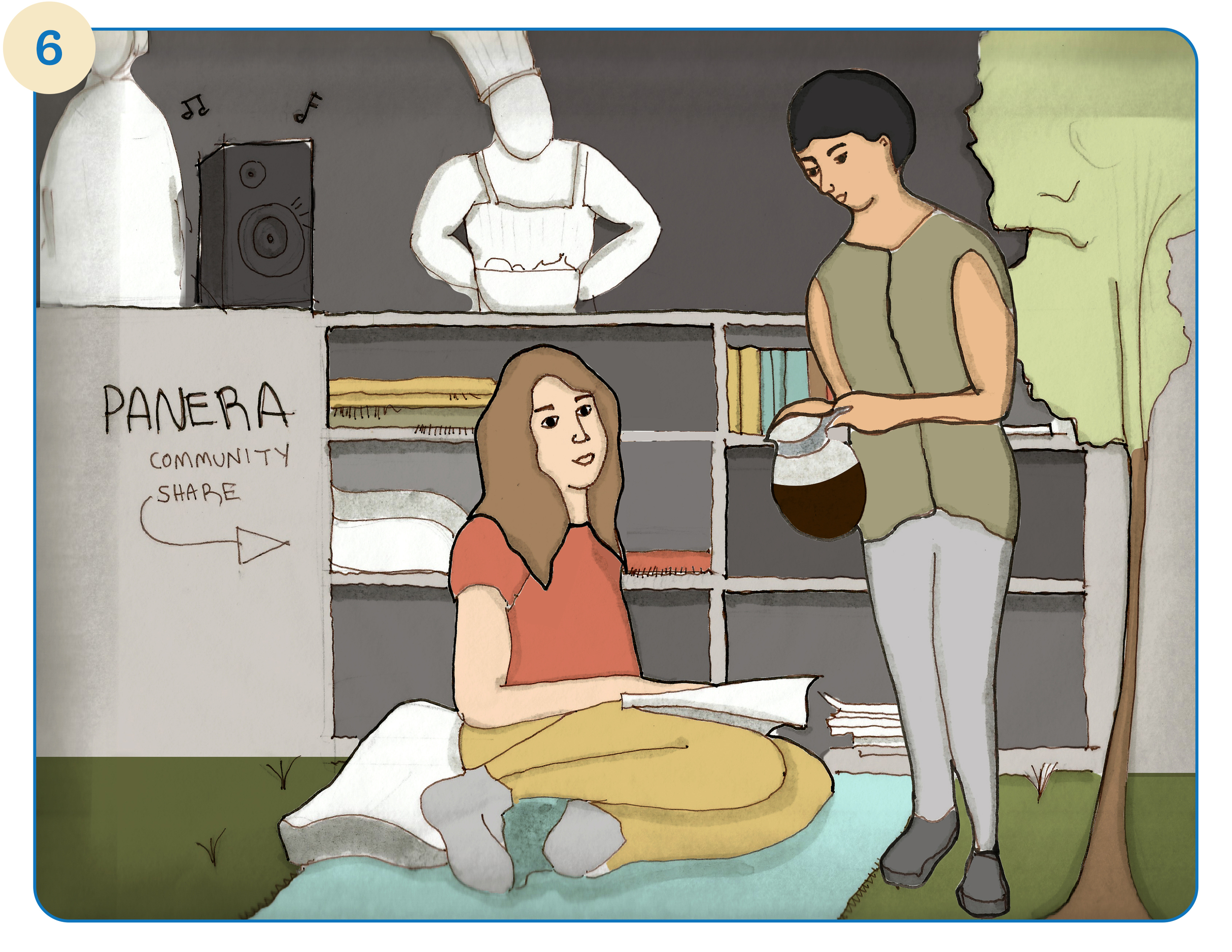 Comfortable with a blanket + book, Sasha decides to enjoy her meal by the food truck. The host comes by and asks Sasha if she would like a coffee refill . Sasha graciously accepts, as she has a long day of studying still ahead.