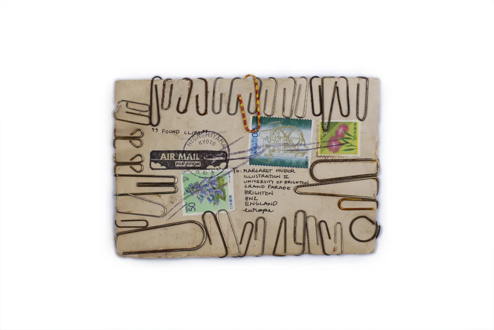 2003 - ongoing In 2003 a holiday project at the University of Brighton titled 'Location Vocation Vacation' called for mail art. One post card per week was to be sent as a document of experiences to Margaret Huber , the then second year Illustration tutor. Over two hundred A6 sized 'cards' have since been sent (and received) from all over the world. Hair, fish, a sachet of white powder, a piece of broken record, mossy bark... Only some twelve cards have never reached their destination. Margaret still receives mail at irregular intervals.