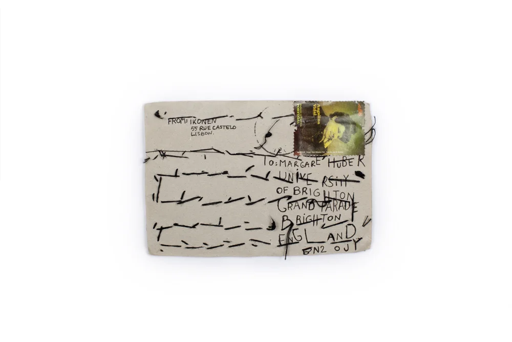 2003 - ongoing In 2003 a holiday project at the University of Brighton titled 'Location Vocation Vacation' called for mail art. One post card per week was to be sent as a document of experiences to Margaret Huber , the then second year Illustration tutor. Over two hundred A6 sized 'cards' have since been sent (and received) from all over the world. Hair, fish, a sachet of white powder, a piece of broken record, mossy bark... Only some twelve cards have never reached their destination. Margaret still receives mail at irregular intervals.