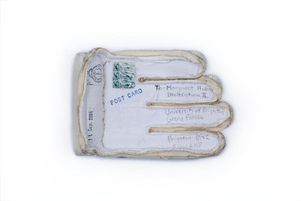 2003 - ongoing In 2003 a holiday project at the University of Brighton titled 'Location Vocation Vacation' called for mail art. One post card per week was to be sent as a document of experiences to Margaret Huber , the then second year Illustration tutor. Over two hundred A6 sized 'cards' have since been sent (and received) from all over the world. Hair, fish, a sachet of white powder, a piece of broken record, mossy bark... Only some twelve cards have never reached their destination. Margaret still receives mail at irregular intervals.