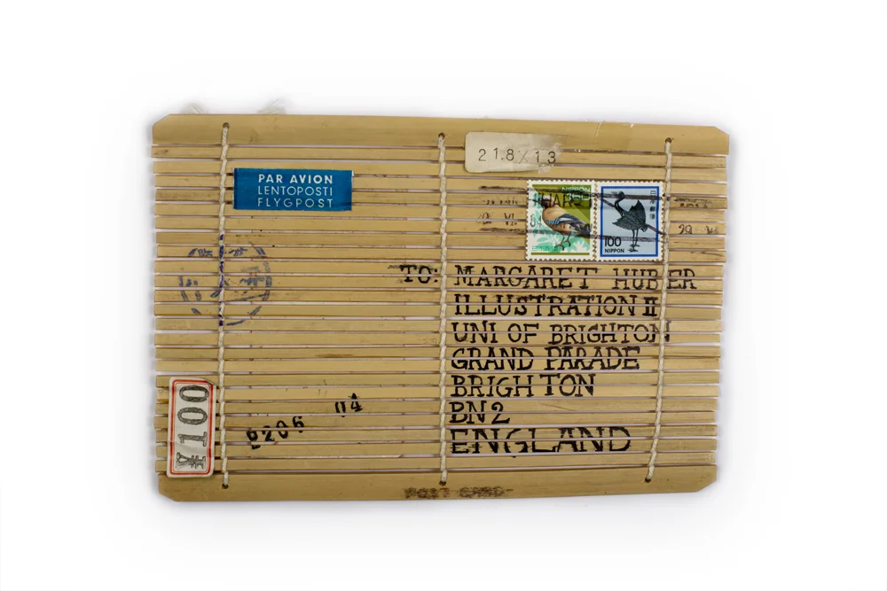 2003 - ongoing In 2003 a holiday project at the University of Brighton titled 'Location Vocation Vacation' called for mail art. One post card per week was to be sent as a document of experiences to Margaret Huber , the then second year Illustration tutor. Over two hundred A6 sized 'cards' have since been sent (and received) from all over the world. Hair, fish, a sachet of white powder, a piece of broken record, mossy bark... Only some twelve cards have never reached their destination. Margaret still receives mail at irregular intervals.