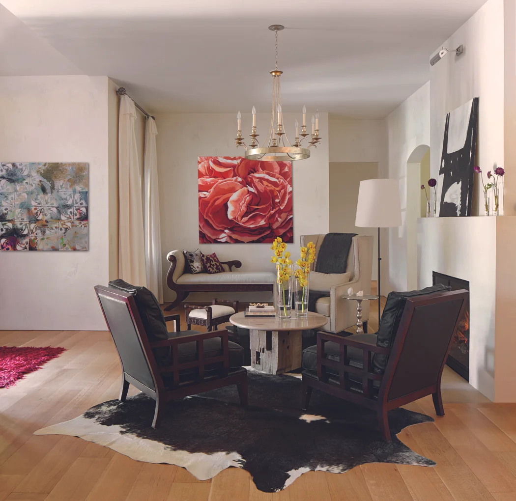 Private Residence. Colorado Homes and Lifestyles Magazine. David Patterson Photography. PC Designs, LLC. Artists: Bonny Lhotka (left), Chloe Hedden (center).