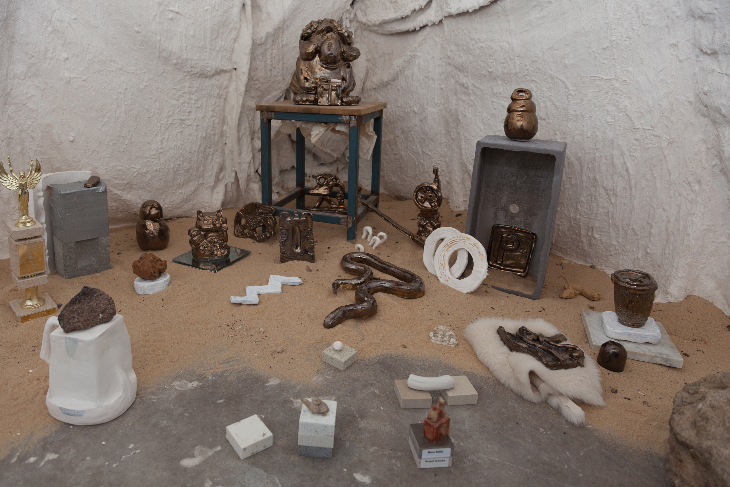 Some Dust in the Balance, 2014 glazed earthenware, plaster, sand, found objects Photo: Nick De Lorenzo