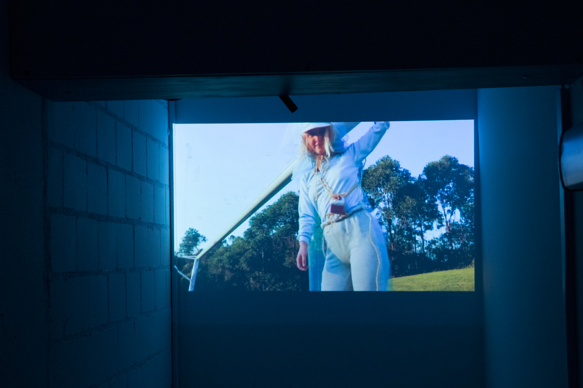 Yours Truly, Soundcloud, 2016  Clare Powell  Television monitor, Bluetooth speaker, projector, tulles, Digital videos (1: 2 mins, 2: 5 mins 30 secs), me, you    Photo: Isabel Rouch   